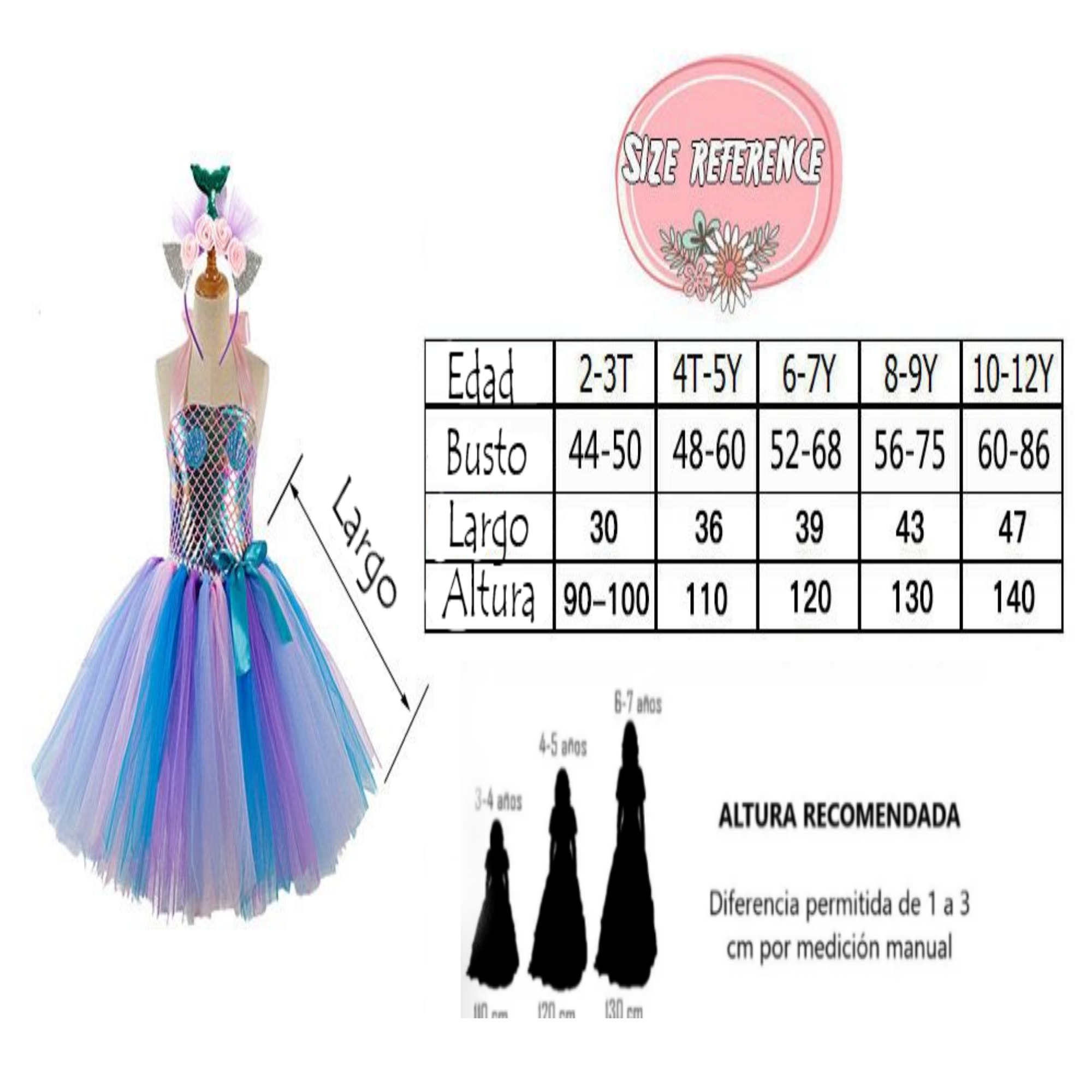 Vestido de Sirena con Diadema tipo Tutu Niña Disfraz Princesa SIRENA