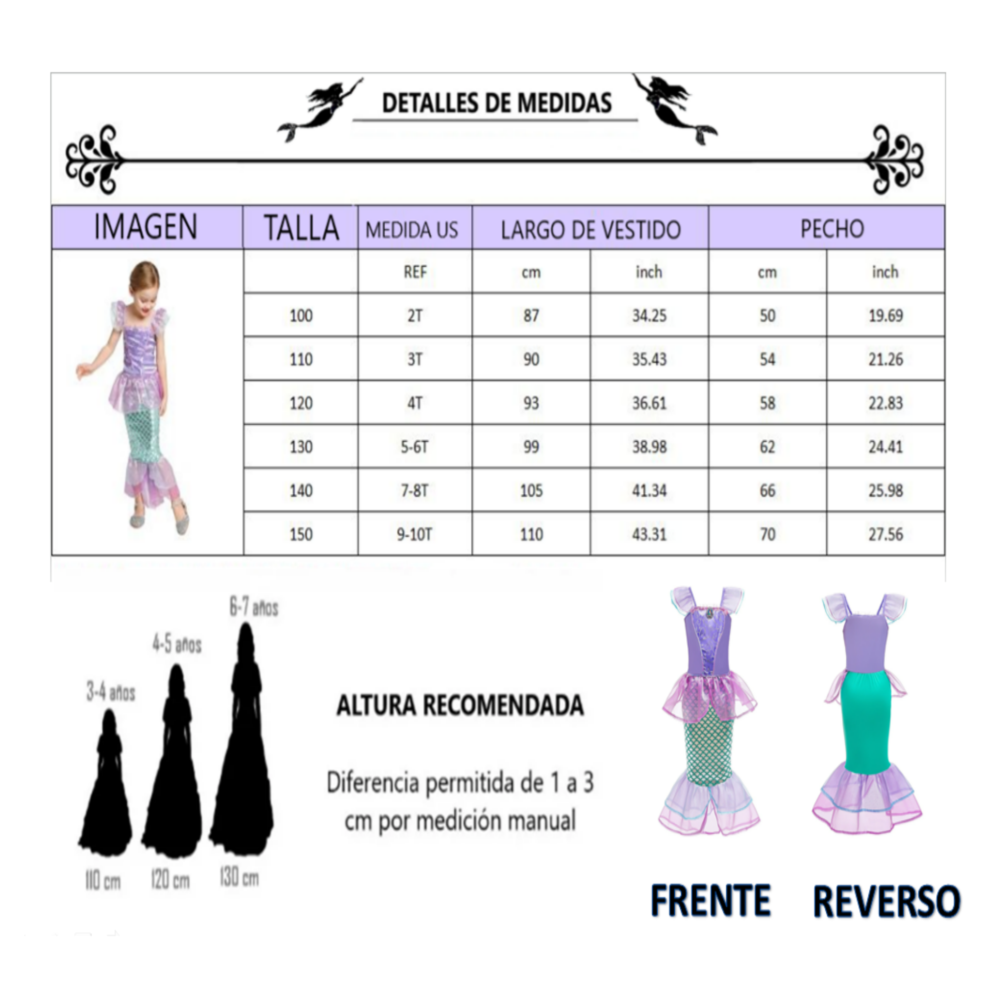 Vestido para Niña de Princesa SIRENA Disfraz Sirena Con Diadema 