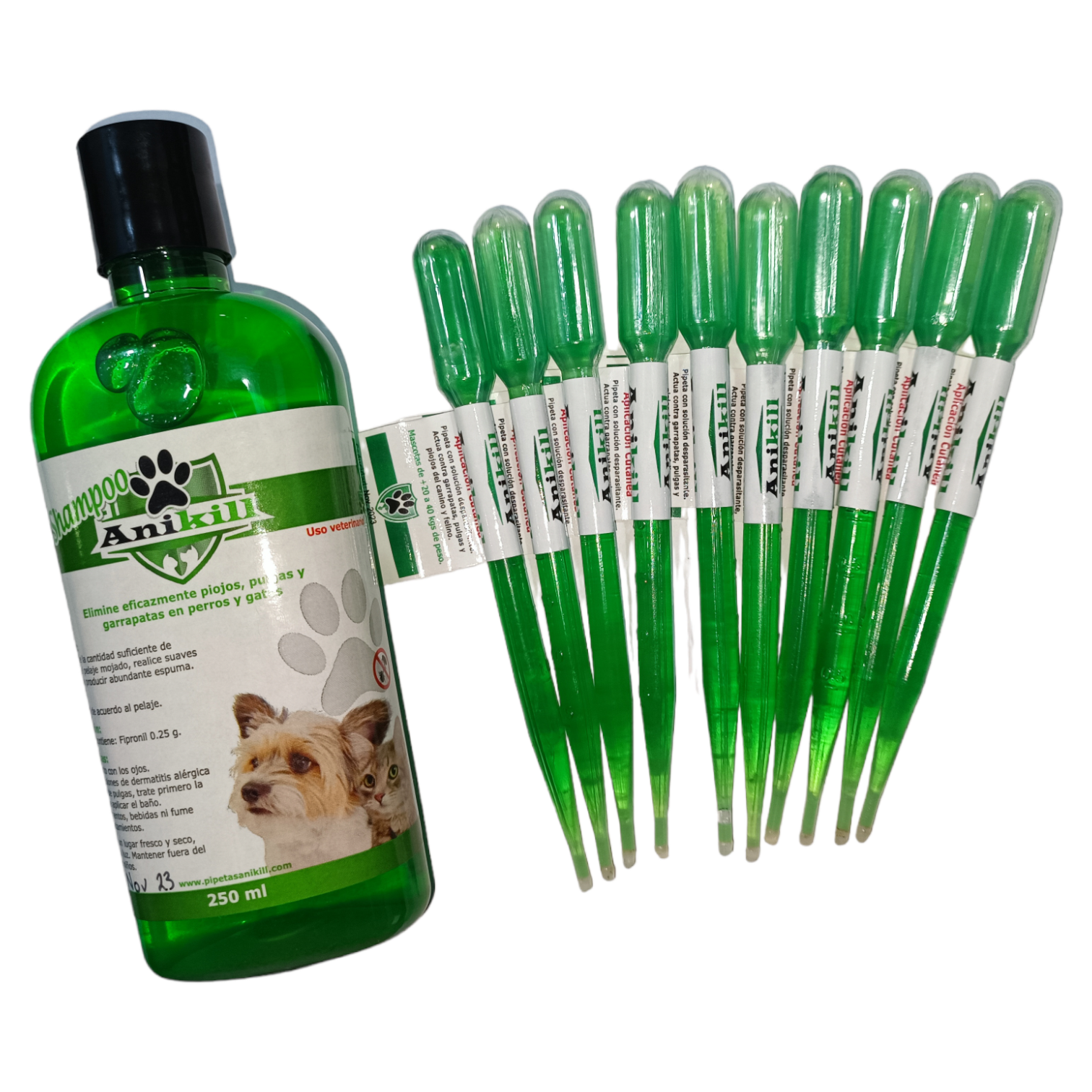 Shampo antipulgas y garrapatas  y 10 Pipetas Anikill Para Perros Y Gatos
