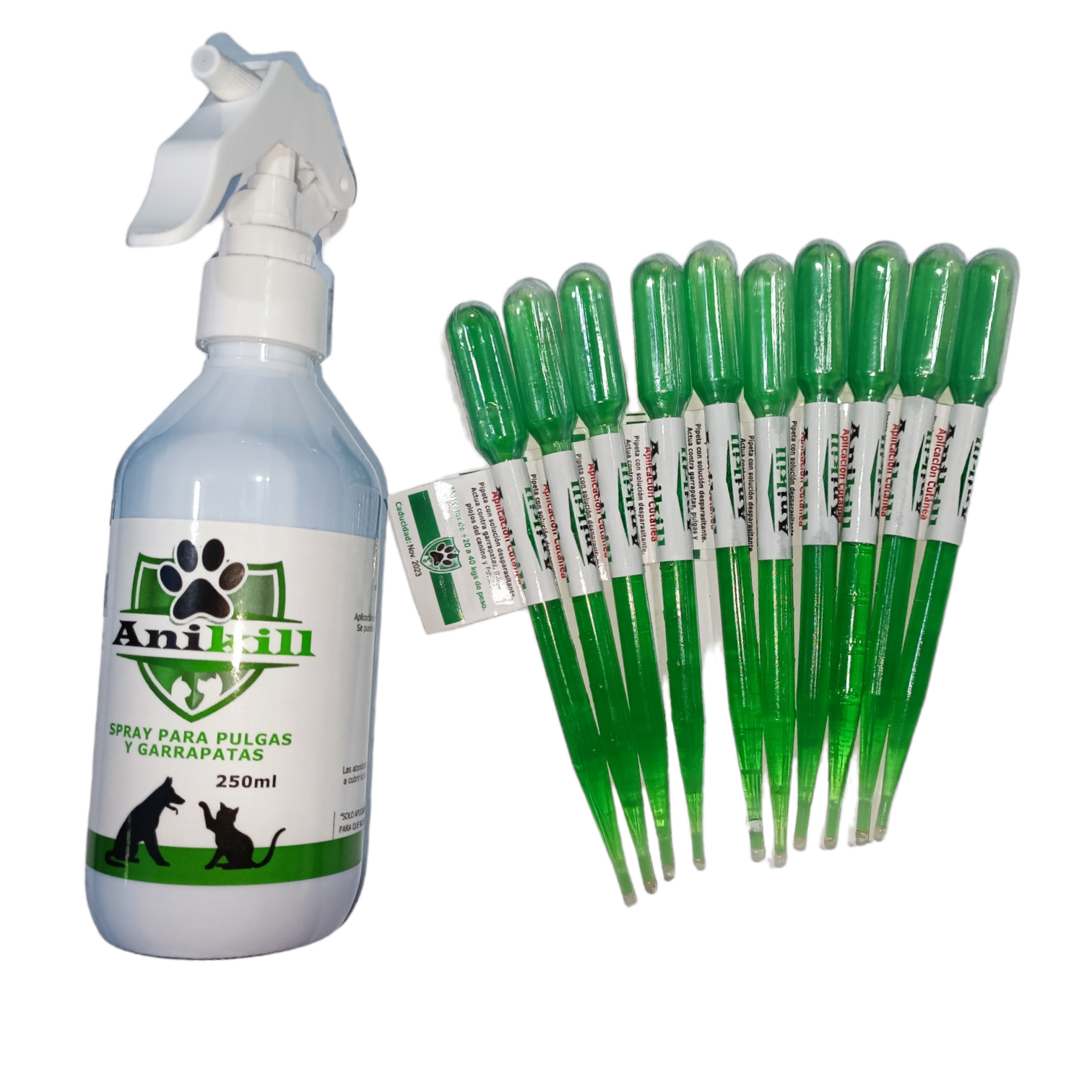 Spray Con 10 Pipetas Verdes Anikill Para Perros Y Gatos