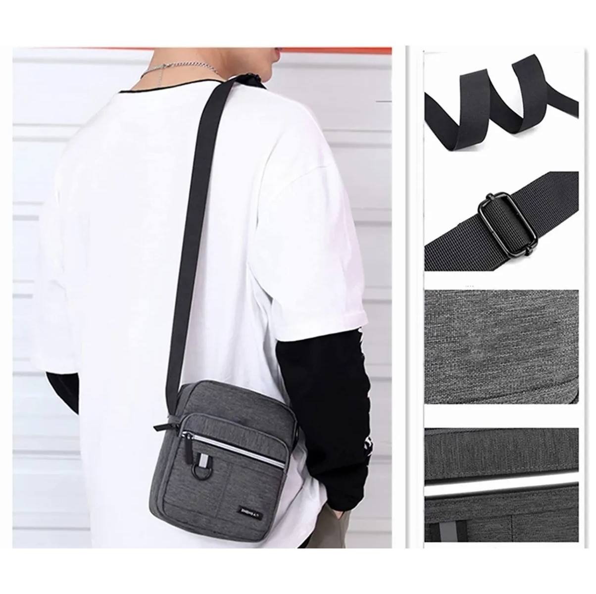 Bandolera Pequeña De Lona Para Hombre Gris