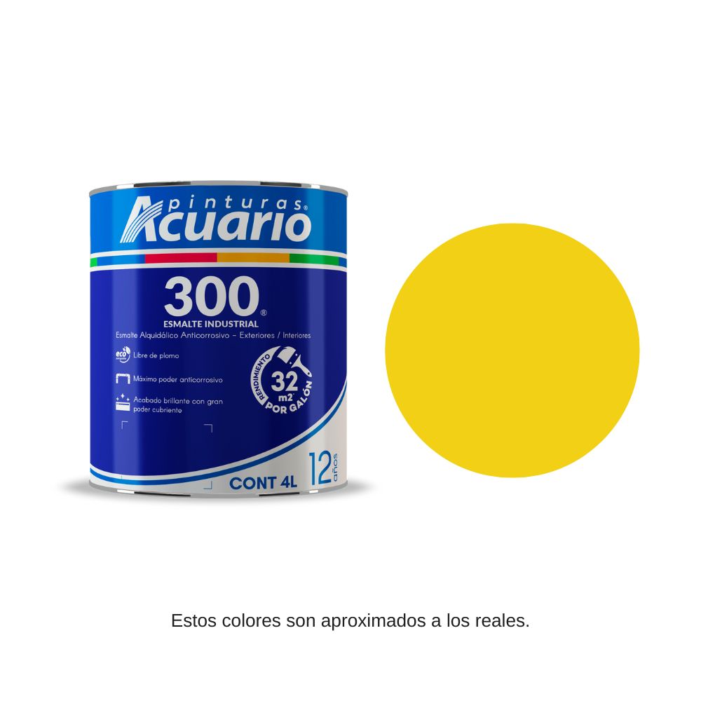 Pintura Esmalte 300 Color Amarillo Limón Acuario 4 Lt EA31240