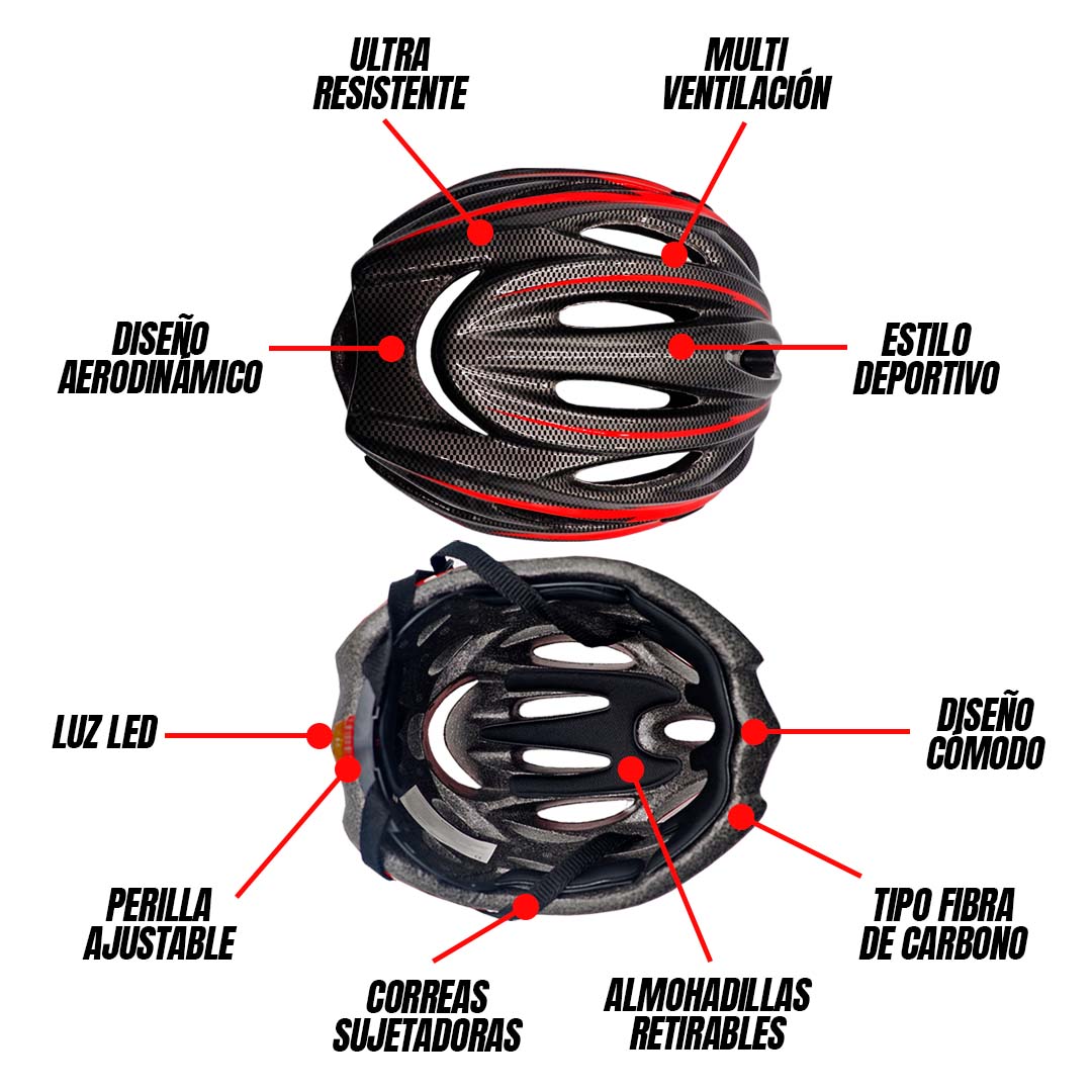Casco Bicicleta Montaña Ciclismo Ajustable Luz Led Unitalla Negro con línea Roja