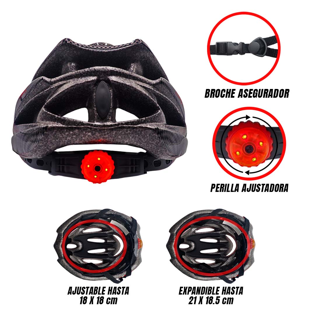 Casco Bicicleta Montaña Ciclismo Ajustable Luz Led Unitalla Negro con línea Roja