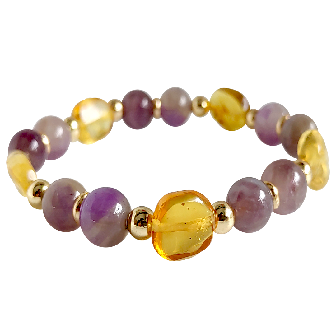 Pulso Ámbar Amarillo Y Piedra Amatista De Dama