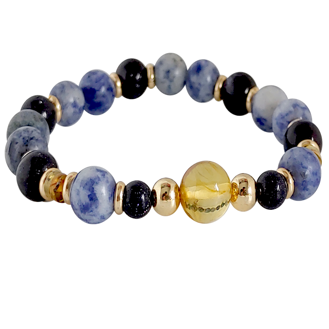 Pulso Ambar Amarillo Jasper Azul Y Venturina Azul De Dama