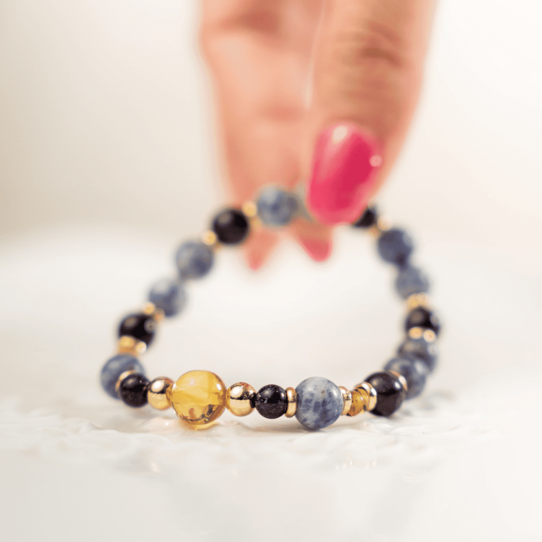 Pulso Ambar Amarillo Jasper Azul Y Venturina Azul De Dama