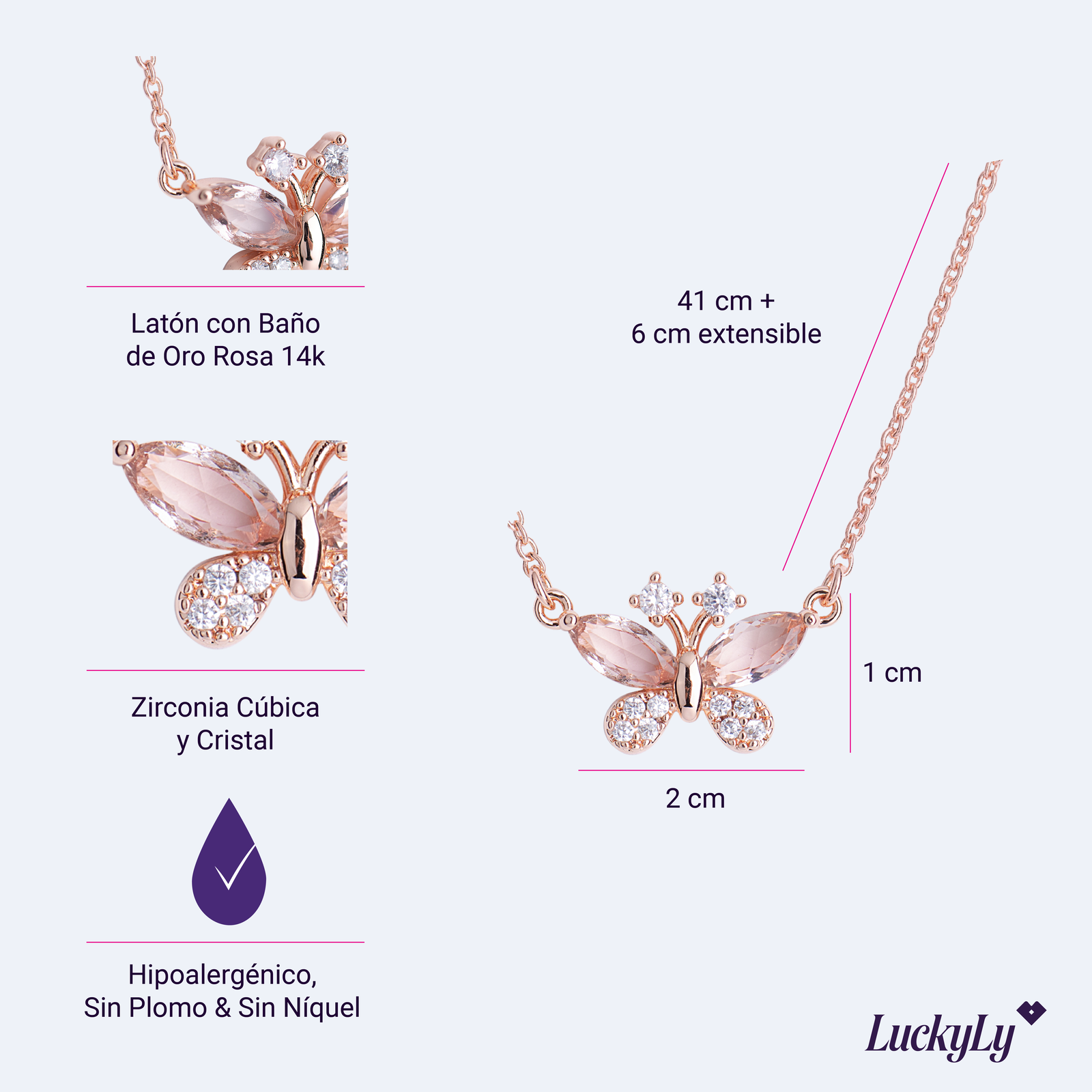 LuckyLy Collar para Mujer de Mariposa con Cristal y Zirconia Cúbica , Cadena y Dije con Baño de Oro Rosa 14k - Modelo Gina