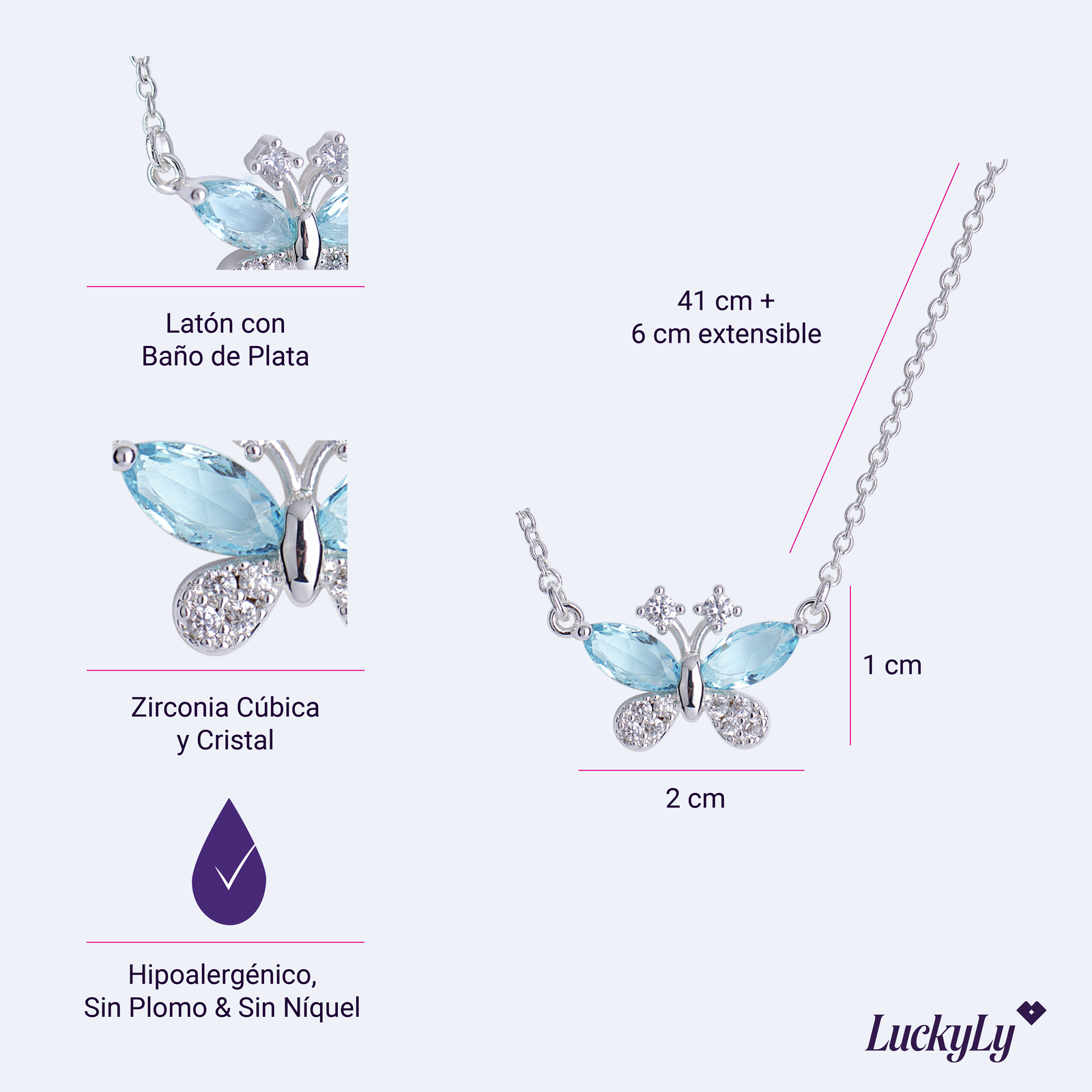 LuckyLy Collar para Mujer de Mariposa con Cristal y Zirconia Cúbica , Cadena y Dije con Baño de Plata - Modelo Gina