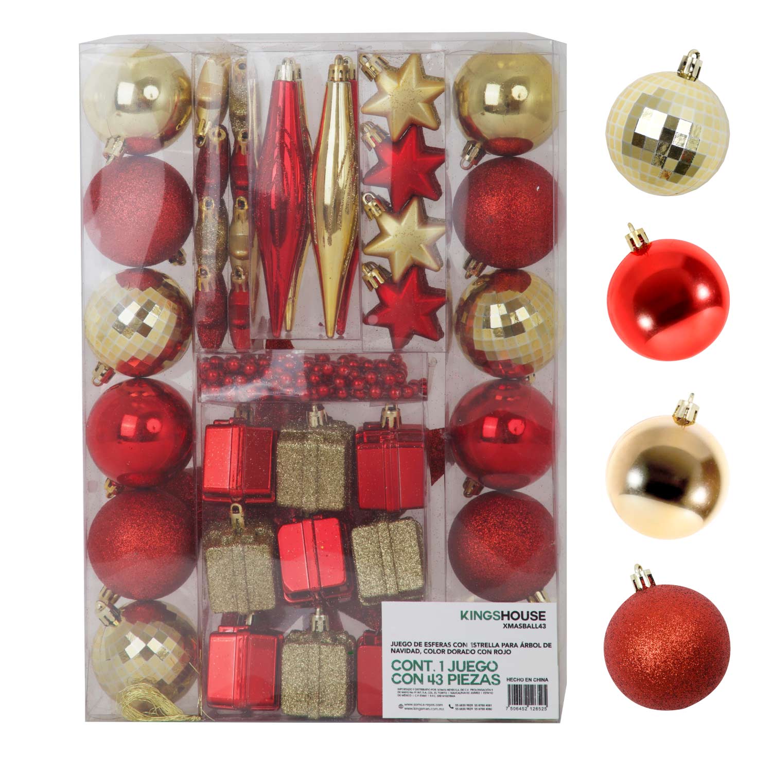 Set Esferas Navidad Dorado Rojo C/estrella Para Árbol 43 Pz 