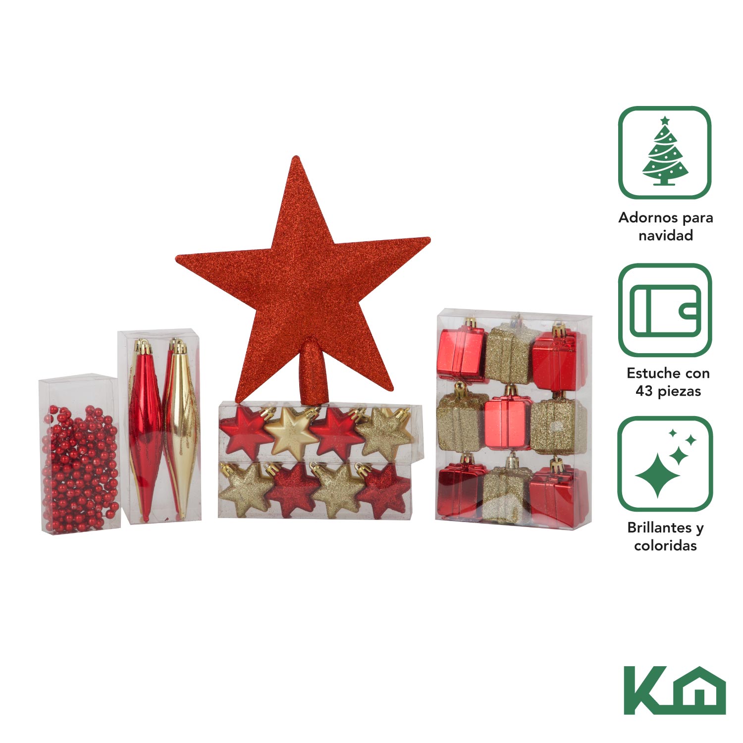 Set Esferas Navidad Dorado Rojo C/estrella Para Árbol 43 Pz 