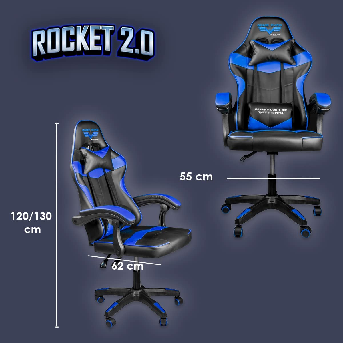 Silla de escritorio Steelpro ROCKET 2.0 gamer ergonómica negra y azul con tapizado de cuero sintético