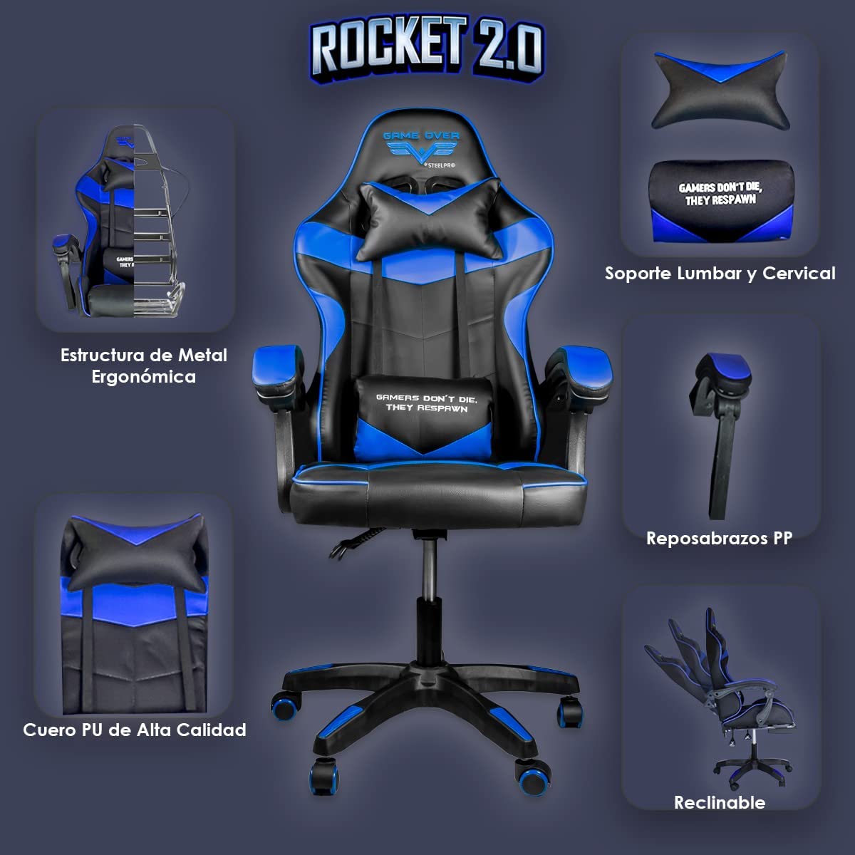 Silla de escritorio Steelpro ROCKET 2.0 gamer ergonómica negra y azul con tapizado de cuero sintético