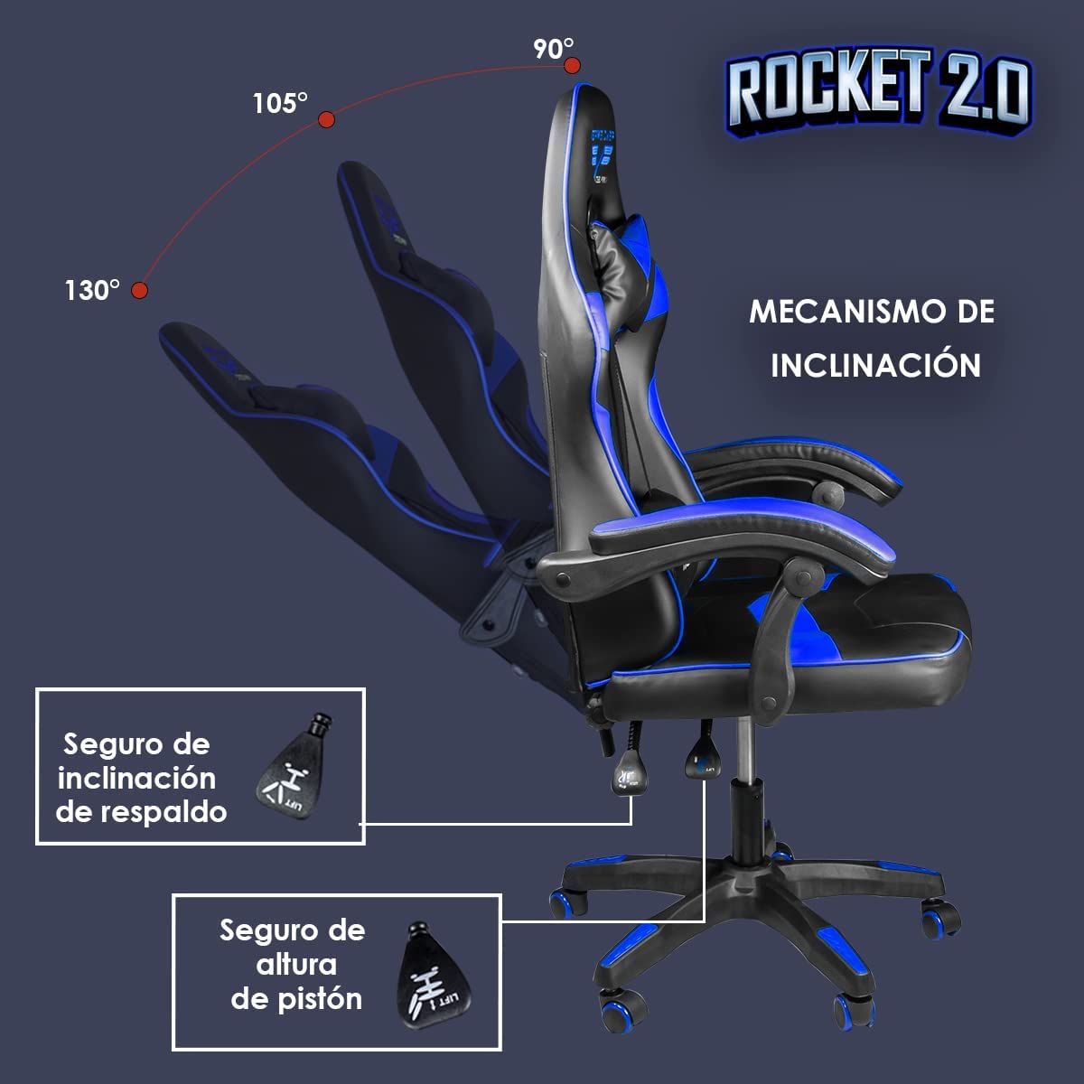 Silla de escritorio Steelpro ROCKET 2.0 gamer ergonómica negra y azul con tapizado de cuero sintético