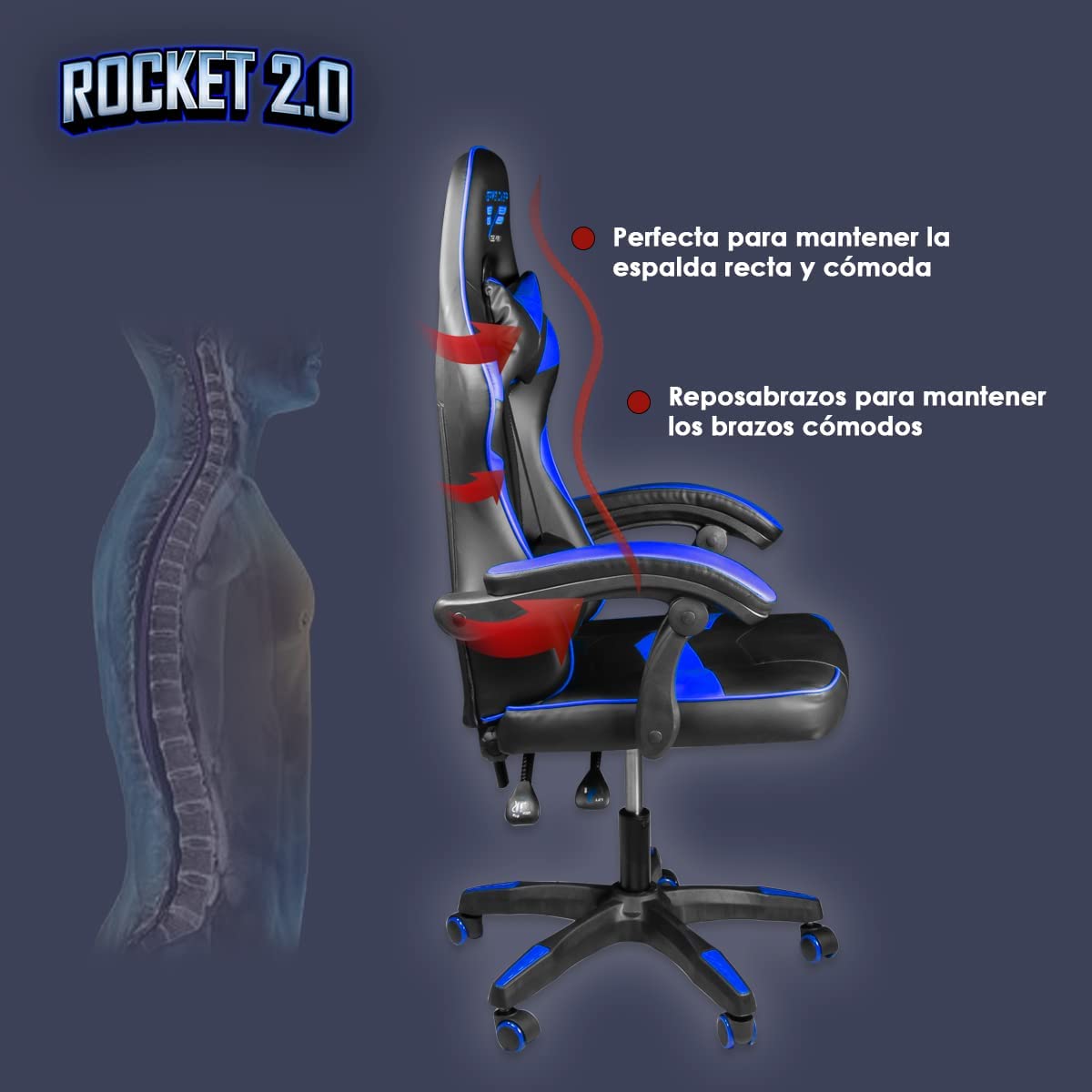 Silla de escritorio Steelpro ROCKET 2.0 gamer ergonómica negra y azul con tapizado de cuero sintético