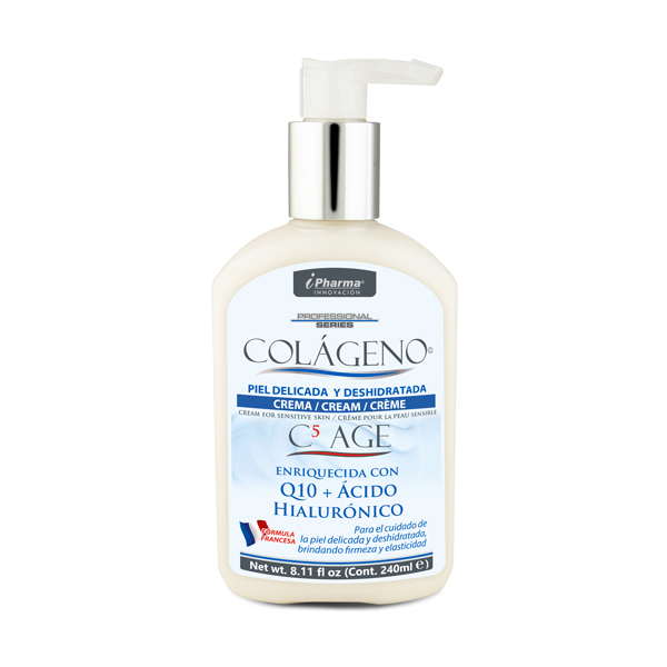 Crema con péptidos de Colágeno de tipo I, III, IIV, VII y XVII enriquecido con Ácido Hialurónico, Q10 colágeno C5 AGE 240 ml I Pharma