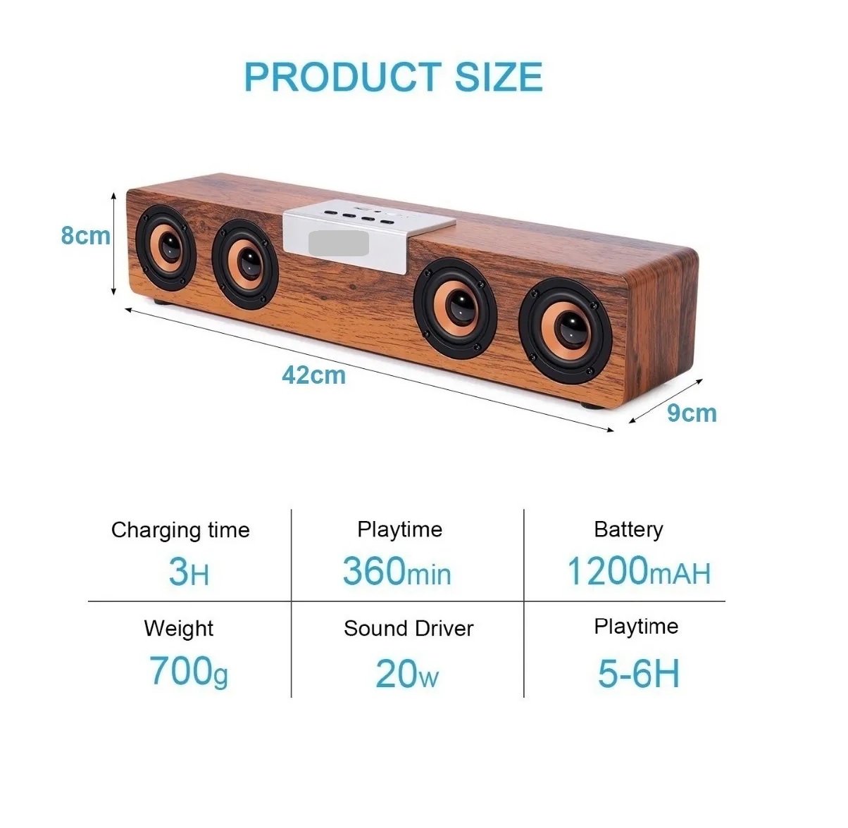 Barra De Sonido Bocina Bluetooth Recargable Madera 20w