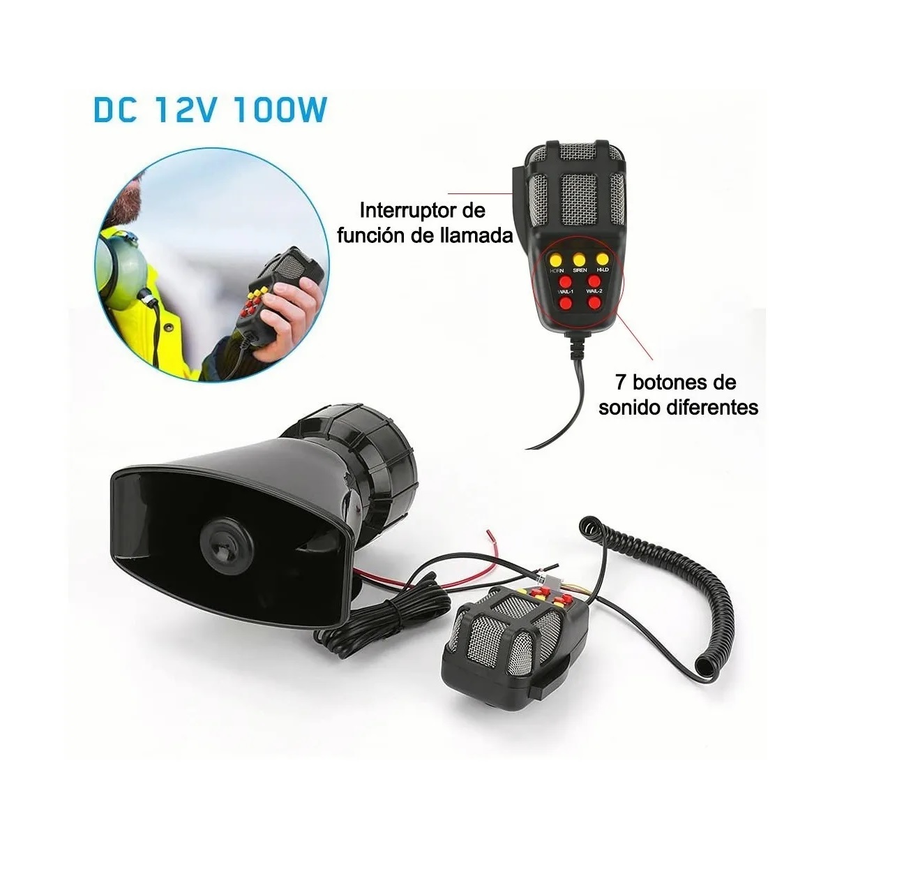 Sirena 7 Tonos Policía Pato Patrulla 100w Con Altavoz Emerge