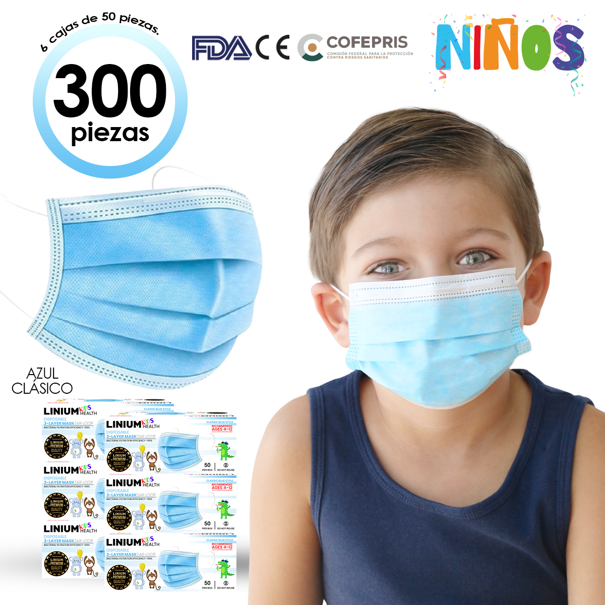 Cubrebocas Tapabocas Tricapa Termos Infantil Niño 300 Pzs Azul