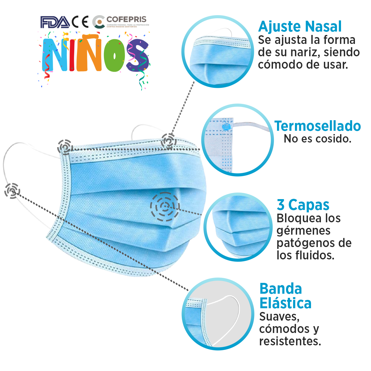 Cubrebocas Tapabocas Tricapa Termos Infantil Niño 300 Pzs Azul