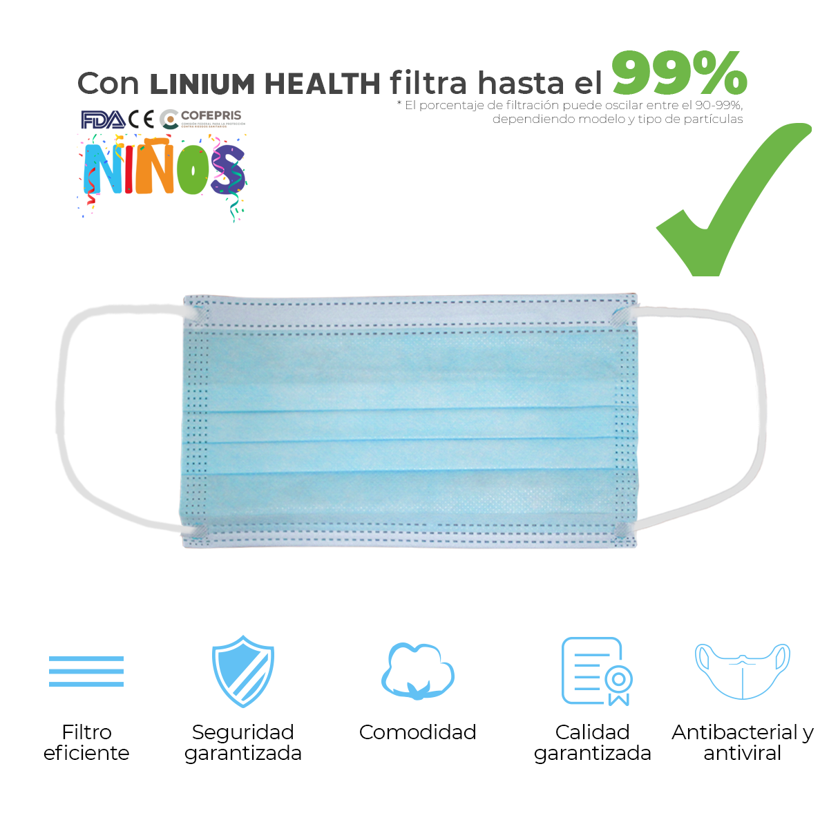 Cubrebocas Tapabocas Tricapa Termos Infantil Niño 300 Pzs Azul