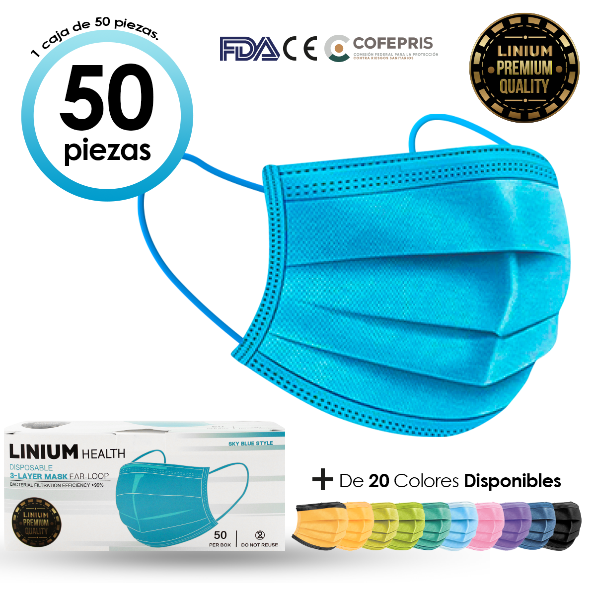 Cubrebocas Tricapa Termosellado Colores 50 Pzs Premium Azul