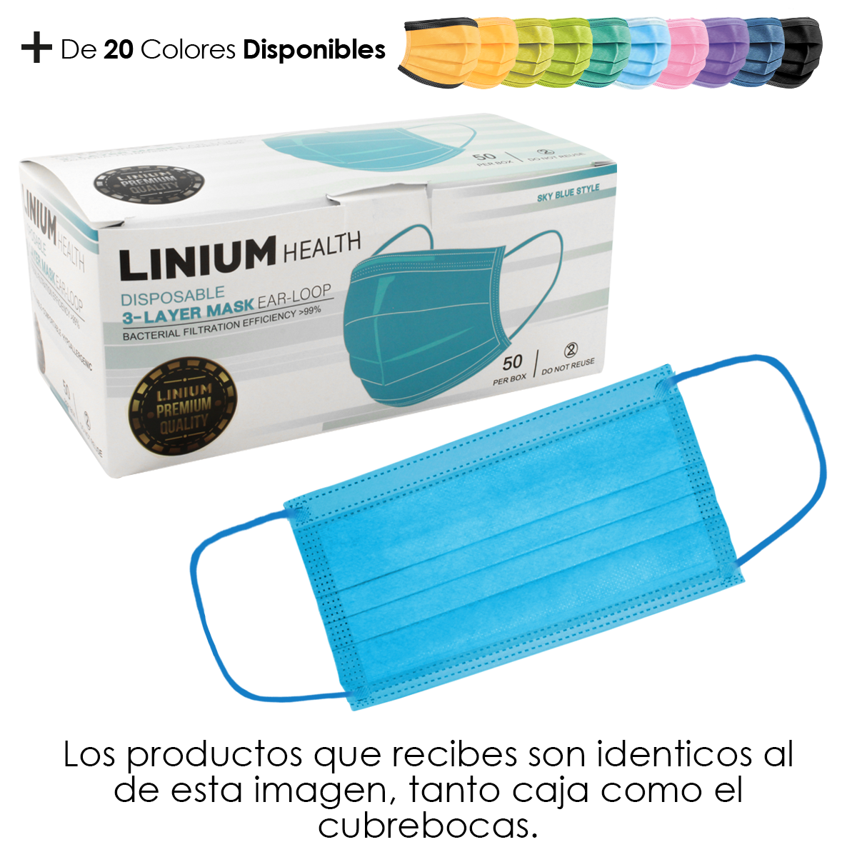 Cubrebocas Tricapa Termosellado Colores 50 Pzs Premium Azul