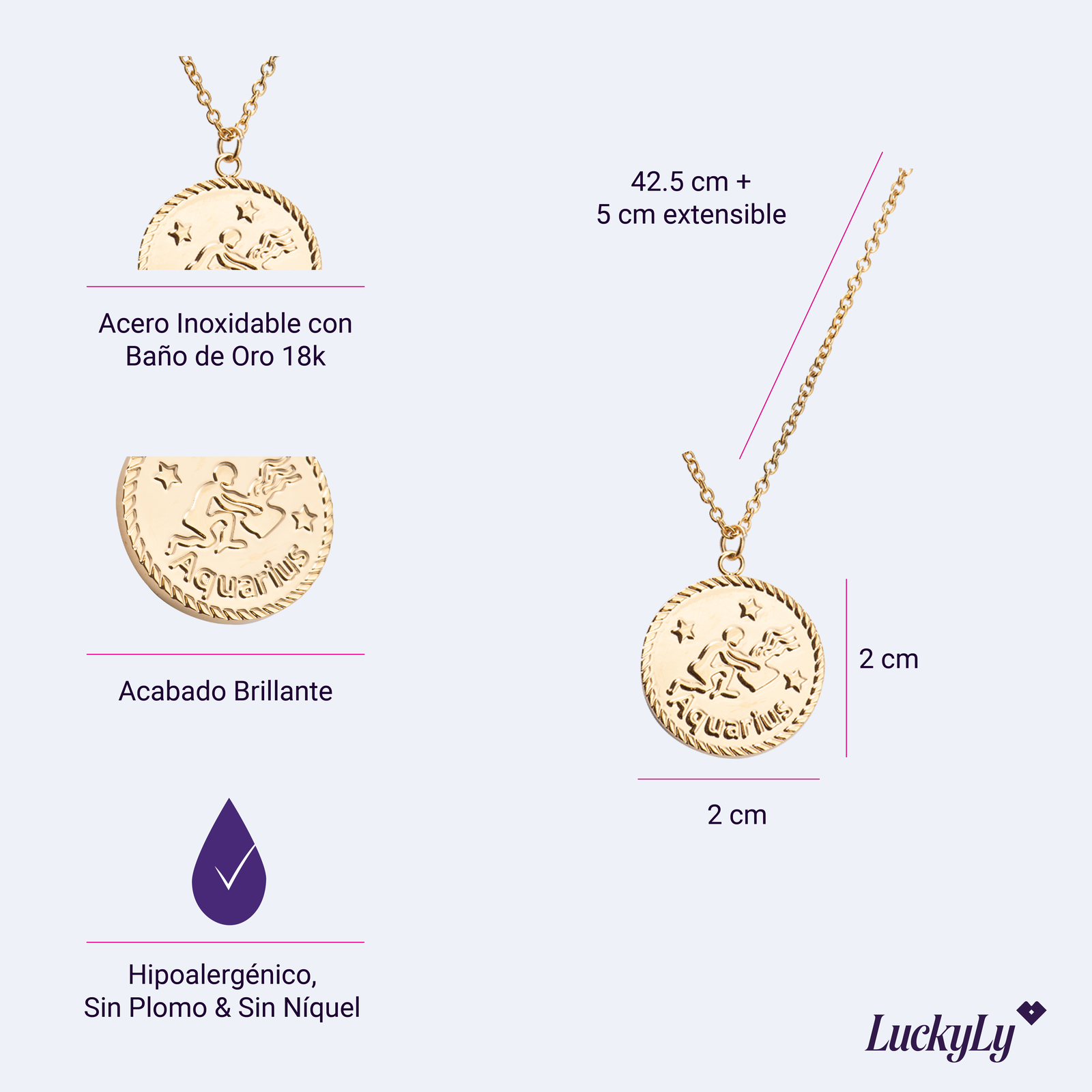 LuckyLy Collar Oro 18k de Horóscopo con Dije de Signo Zodiacal Leo, Cadena de Acero Inoxidable con Baño de Oro 18k - Modelo Astra