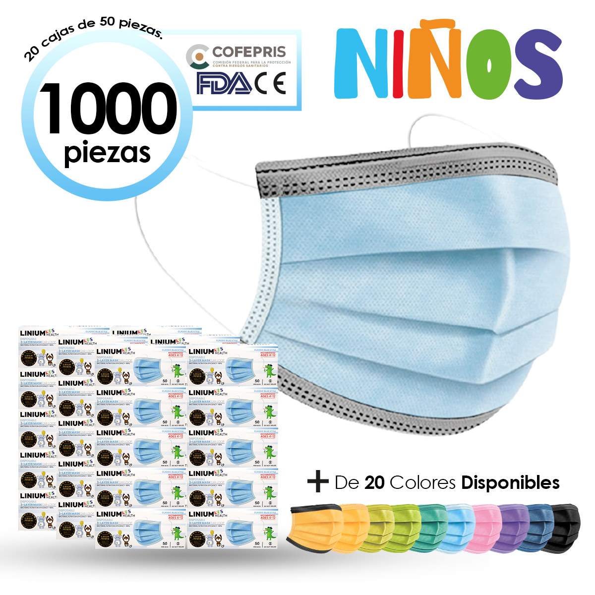 Cubrebocas Tricapa Infantil Niño 1000 Pzs Azul Gris