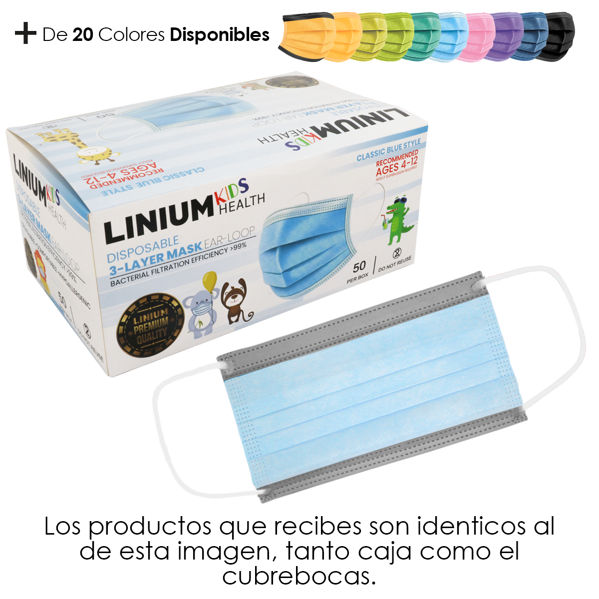 Cubrebocas Tricapa Infantil Niño 1000 Pzs Azul Gris