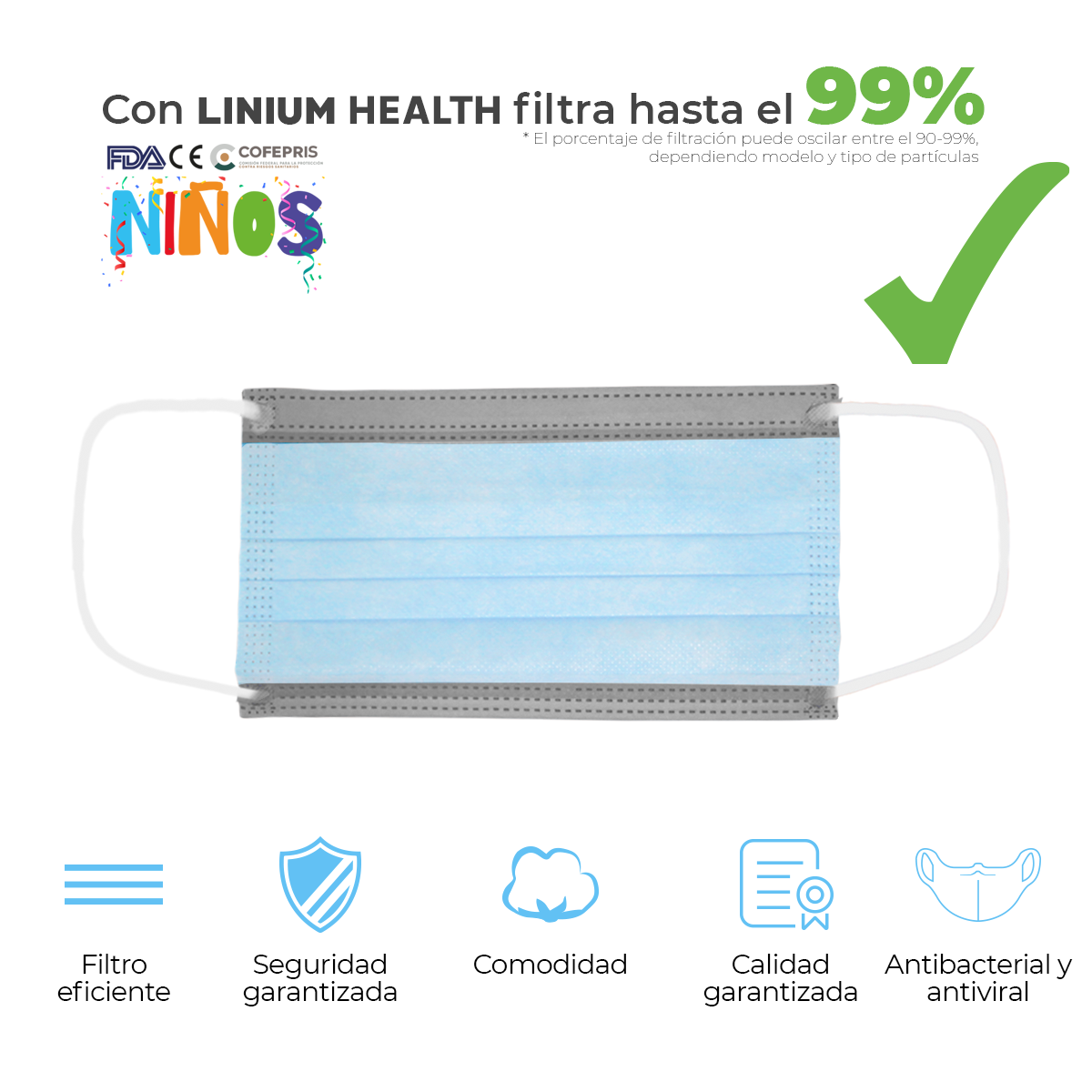 Cubrebocas Tricapa Infantil Niño 1000 Pzs Azul Gris