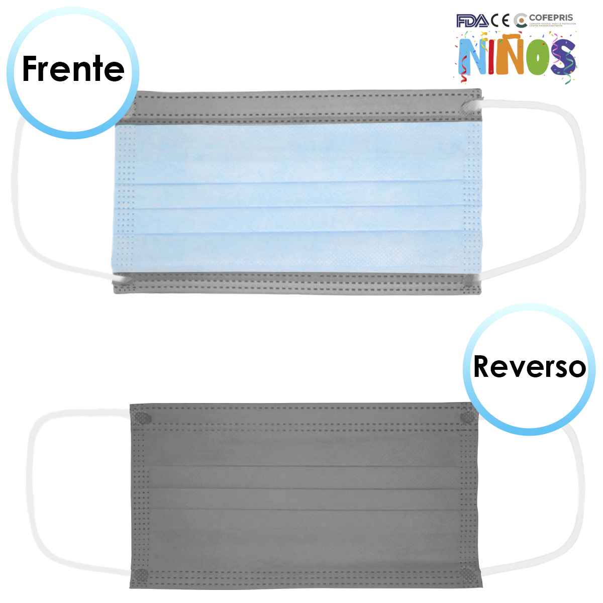 Cubrebocas Tricapa Infantil Niño 1000 Pzs Azul Gris