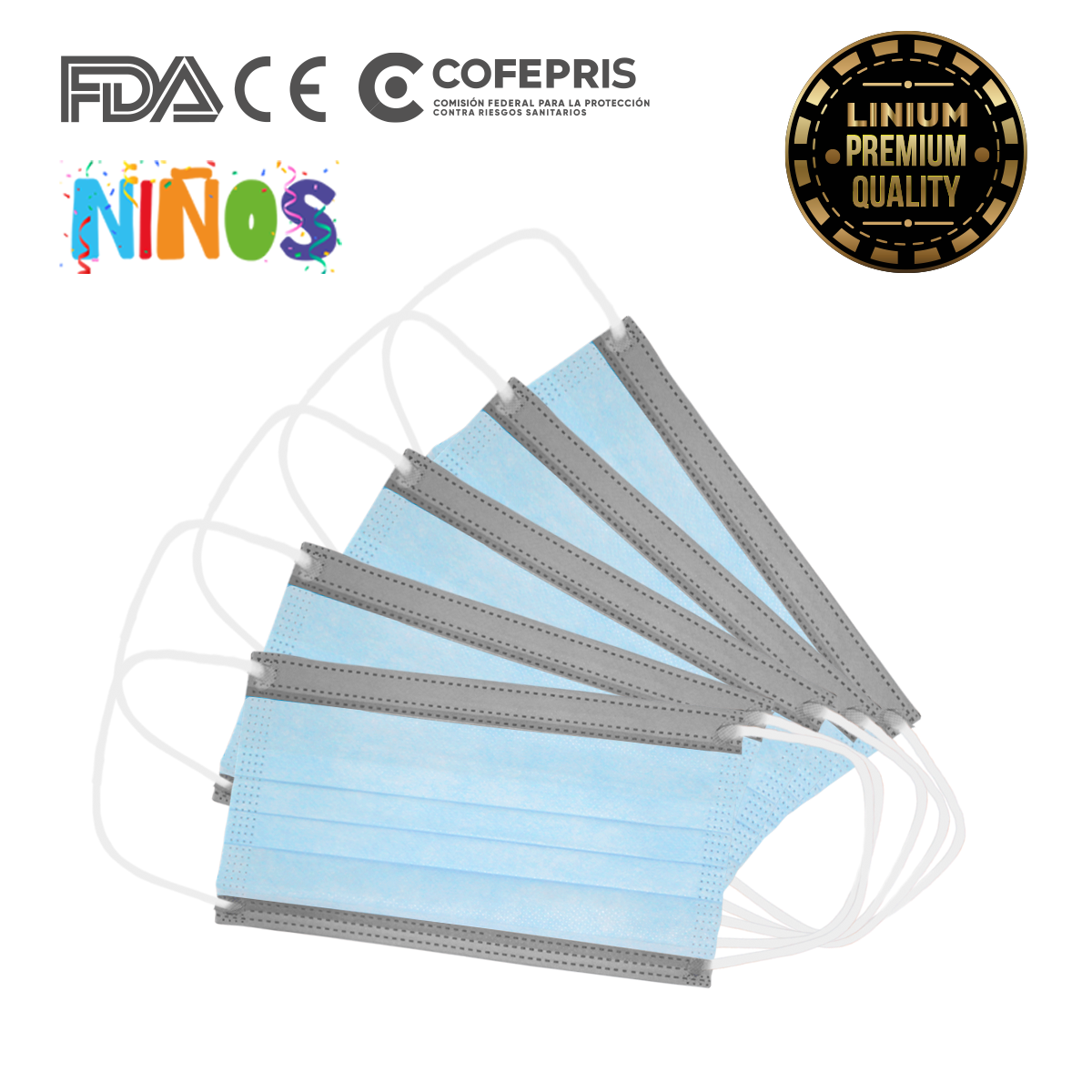 Cubrebocas Tricapa Infantil Niño 1000 Pzs Azul Gris