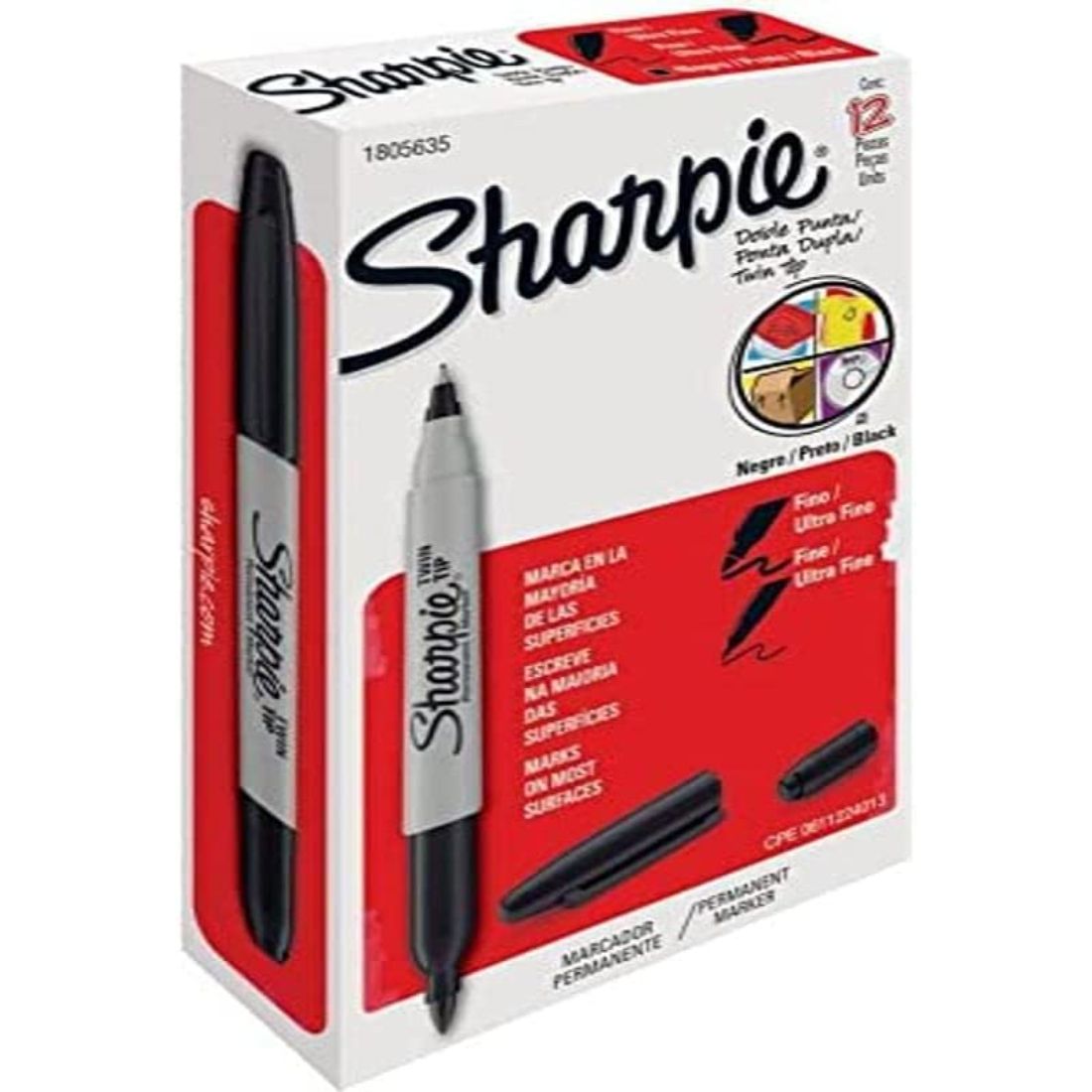 Sharpie - Marcador permanente doble punta negro , 12 pzas