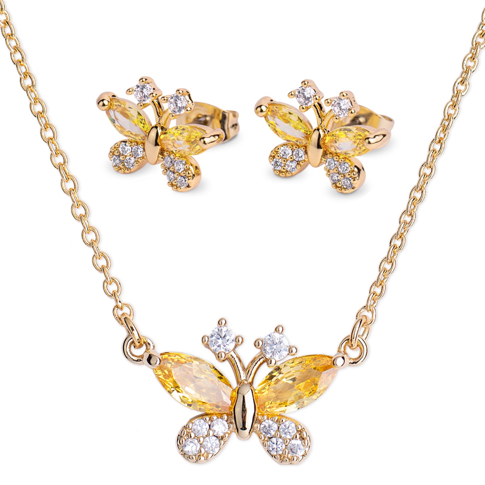 LuckyLy Set de Joyería para Mujer Mariposas con Baño de Oro 14k , Cristal y Zirconia Cúbica, Juego de Collar y Aretes Mujer - Modelo Gina