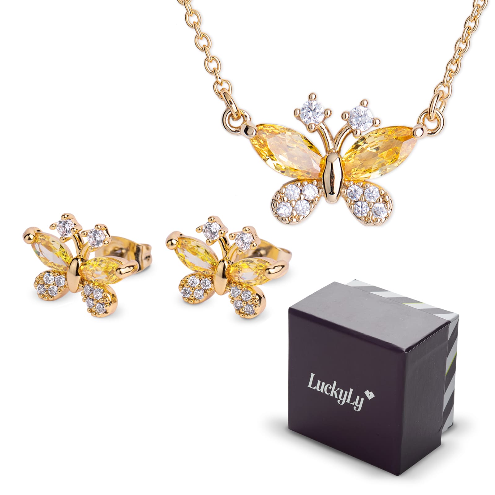 LuckyLy Set de Joyería para Mujer Mariposas con Baño de Oro 14k , Cristal y Zirconia Cúbica, Juego de Collar y Aretes Mujer - Modelo Gina