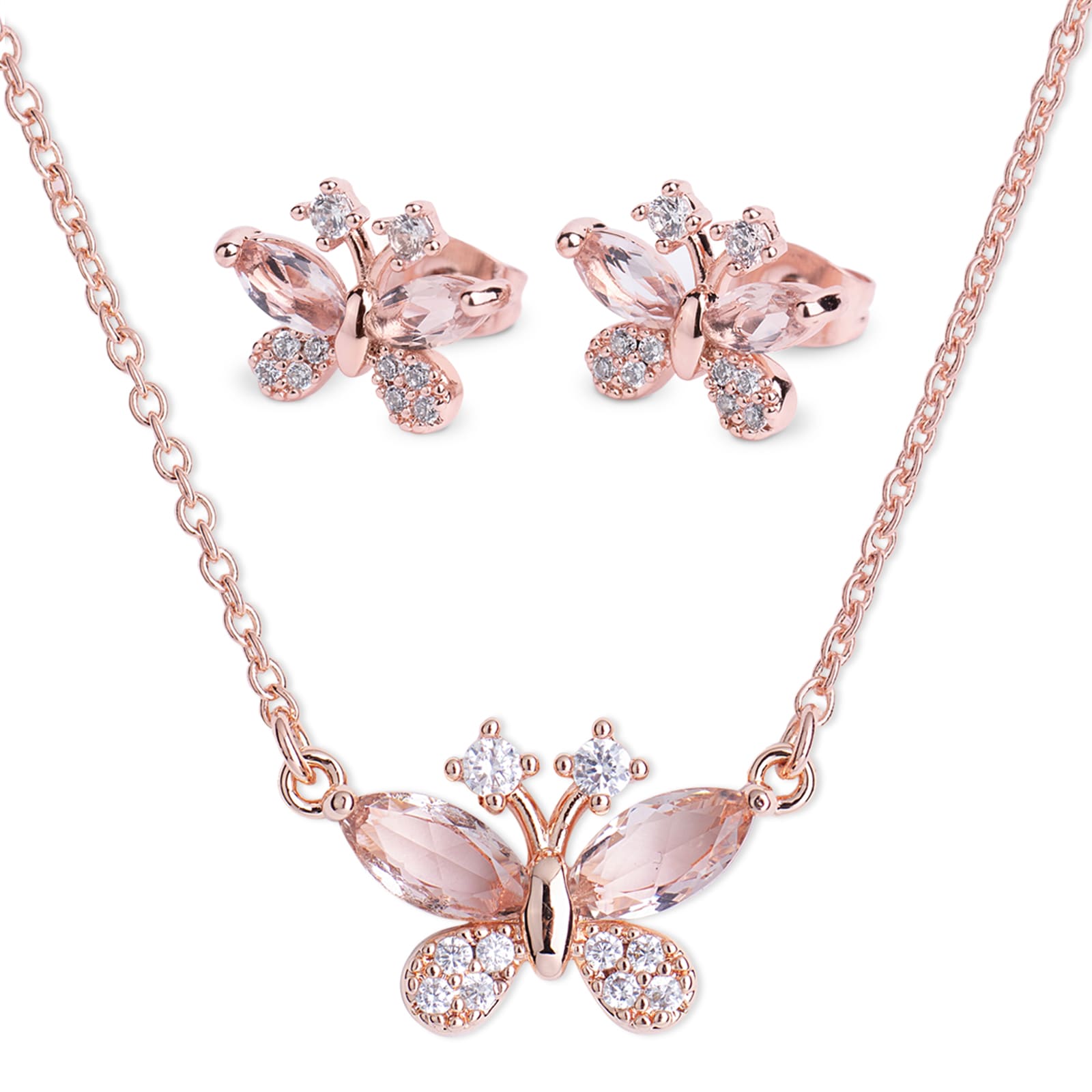 LuckyLy Set de Joyería para Mujer Mariposas con Baño de Oro Rosa 14k , Cristal y Zirconia Cúbica, Juego de Collar y Aretes Mujer - Modelo Gina