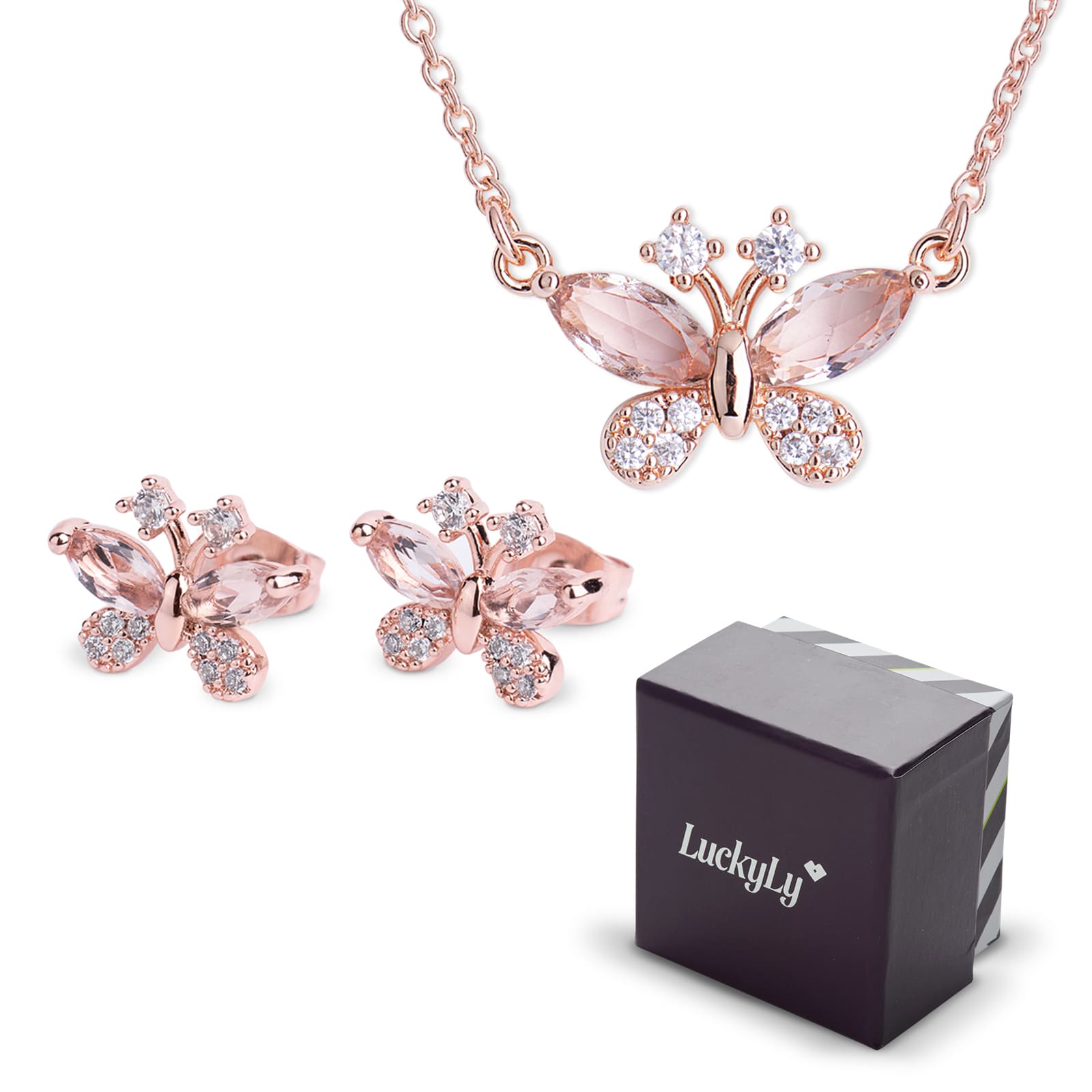 LuckyLy Set de Joyería para Mujer Mariposas con Baño de Oro Rosa 14k , Cristal y Zirconia Cúbica, Juego de Collar y Aretes Mujer - Modelo Gina