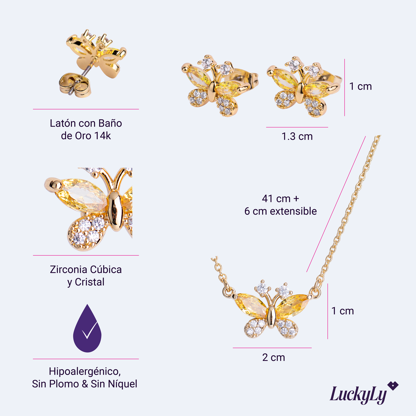 LuckyLy Set de Joyería para Mujer Mariposas con Baño de Oro 14k , Cristal y Zirconia Cúbica, Juego de Collar y Aretes Mujer - Modelo Gina
