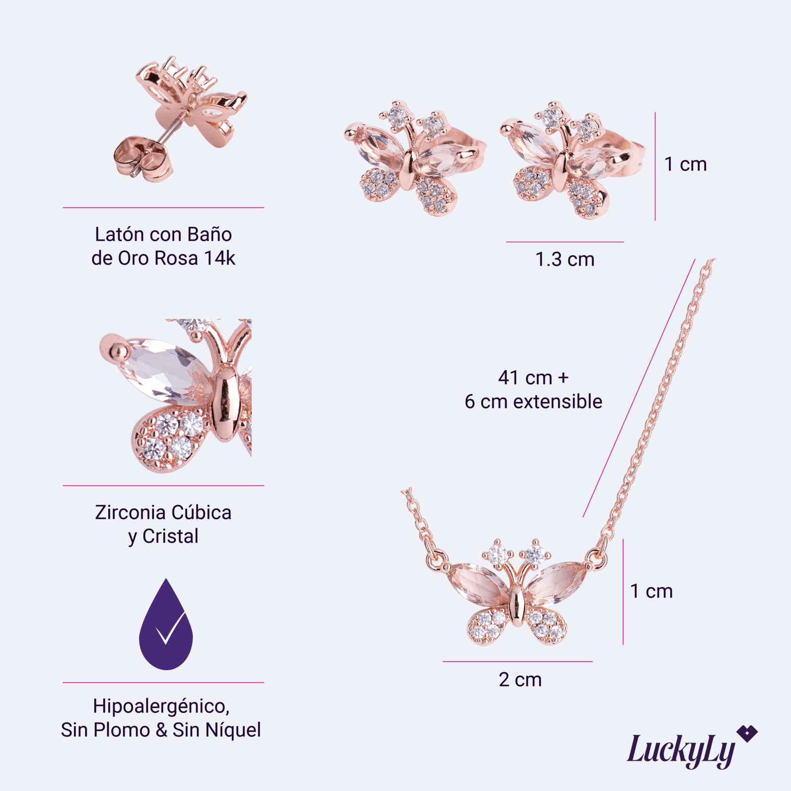 LuckyLy Set de Joyería para Mujer Mariposas con Baño de Oro Rosa 14k , Cristal y Zirconia Cúbica, Juego de Collar y Aretes Mujer - Modelo Gina