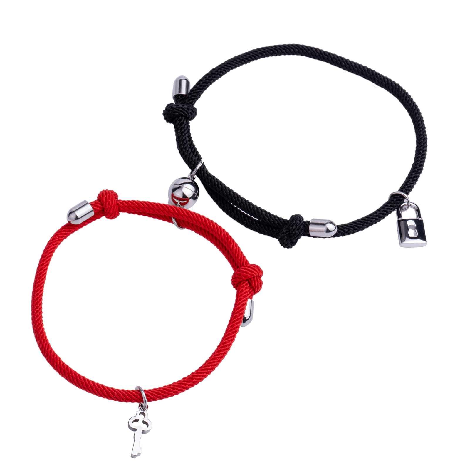 LuckyLy Pulseras para Pareja Magnéticas de Cuerda y Acero Inoxidable con Imán , Pulsera Hombre Plata y Negro, Pulsera Mujer Plata y Rojo- Modelo Tala