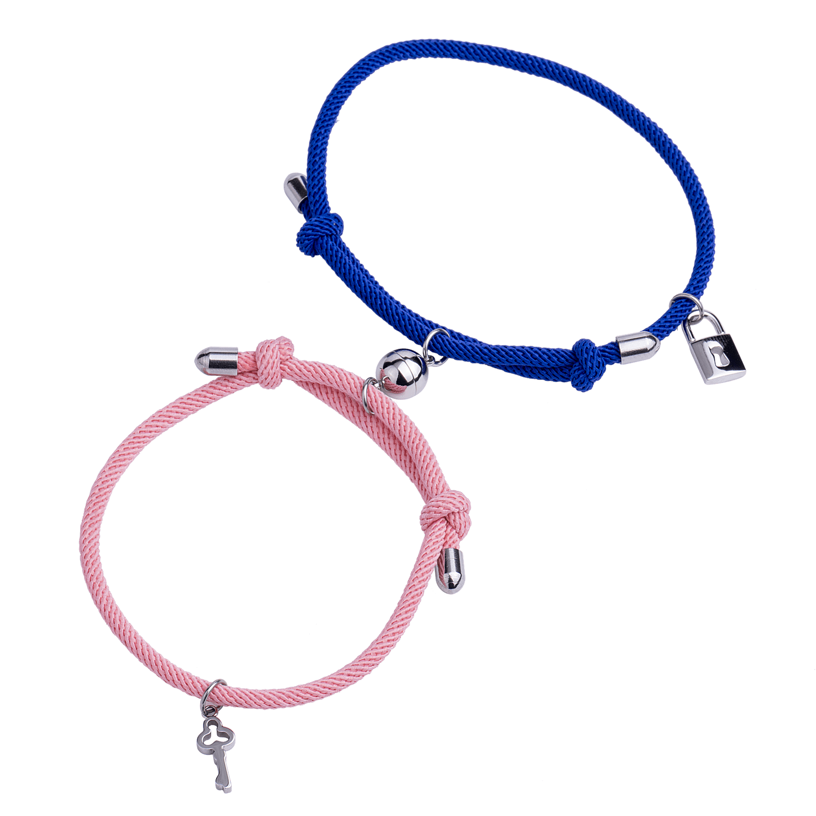 LuckyLy Pulseras para Pareja Magnéticas de Cuerda y Acero Inoxidable con Imán , PPulsera Hombre Plata y Azul, Pulsera Mujer Plata y Rosa - Modelo Tala