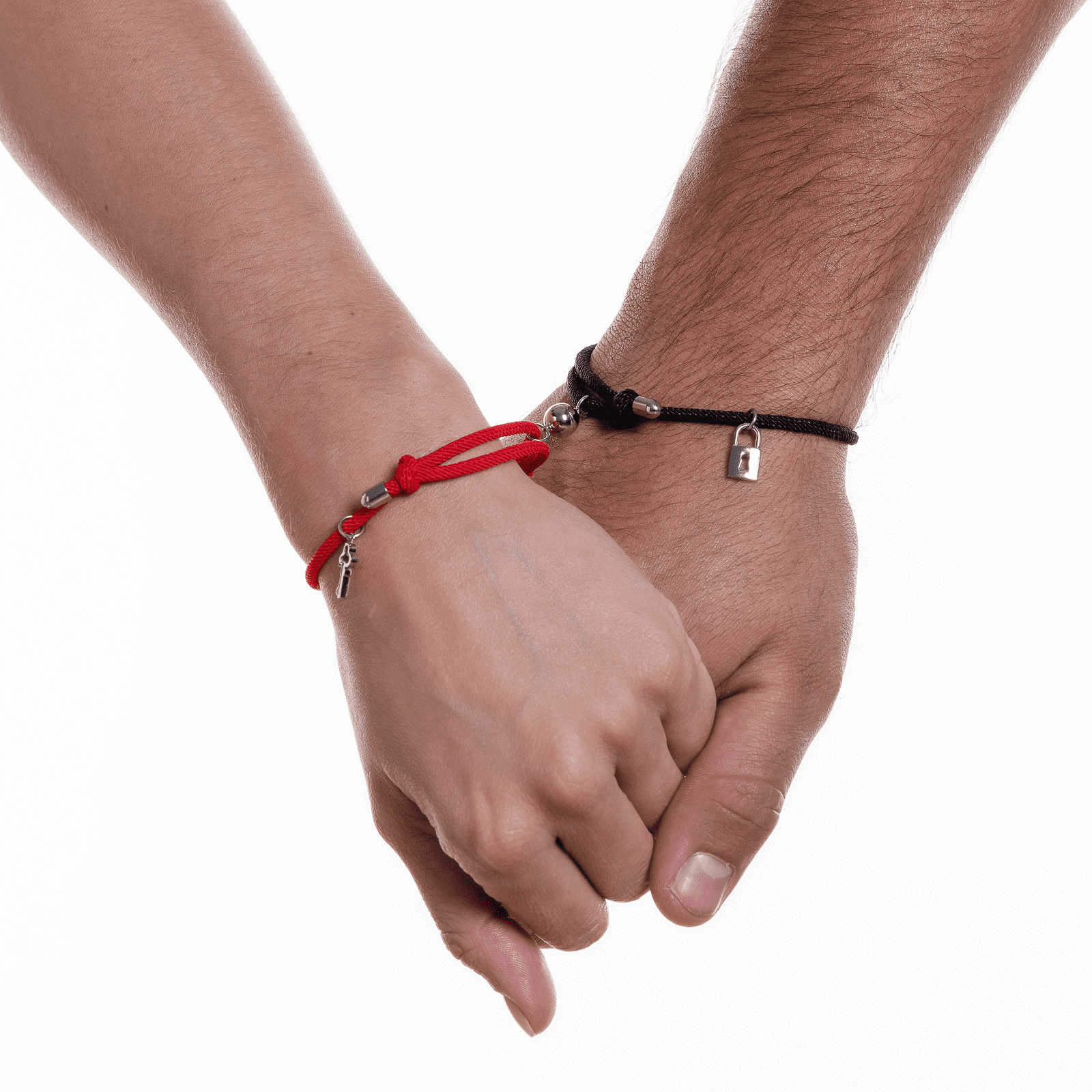 LuckyLy Pulseras para Pareja Magnéticas de Cuerda y Acero Inoxidable con Imán , Pulsera Hombre Plata y Negro, Pulsera Mujer Plata y Rojo- Modelo Tala