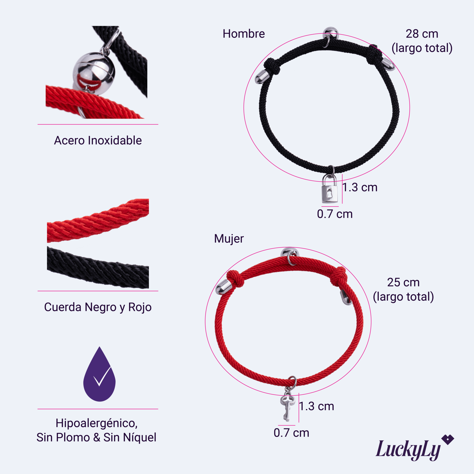 LuckyLy Pulseras para Pareja Magnéticas de Cuerda y Acero Inoxidable con Imán , Pulsera Hombre Plata y Negro, Pulsera Mujer Plata y Rojo- Modelo Tala