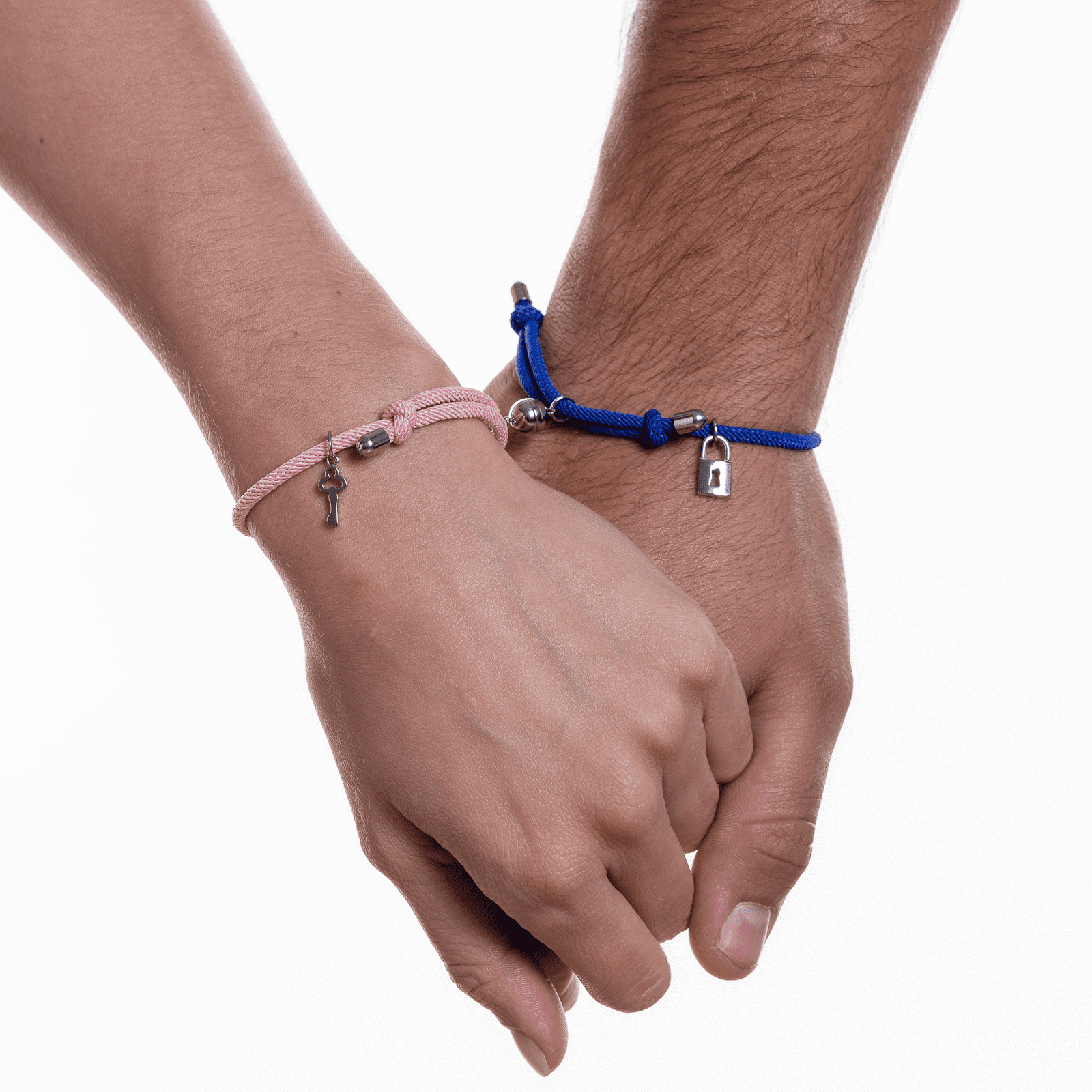 LuckyLy Pulseras para Pareja Magnéticas de Cuerda y Acero Inoxidable con Imán , PPulsera Hombre Plata y Azul, Pulsera Mujer Plata y Rosa - Modelo Tala