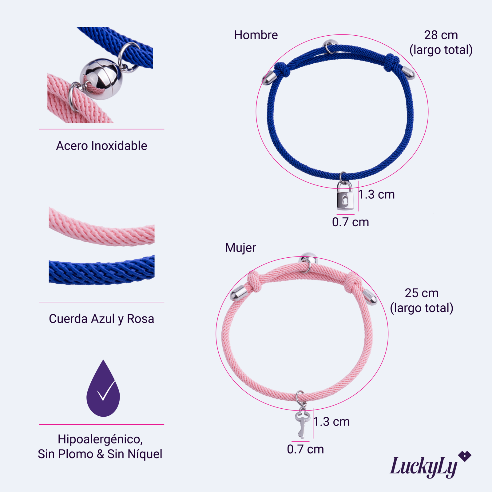 LuckyLy Pulseras para Pareja Magnéticas de Cuerda y Acero Inoxidable con Imán , PPulsera Hombre Plata y Azul, Pulsera Mujer Plata y Rosa - Modelo Tala
