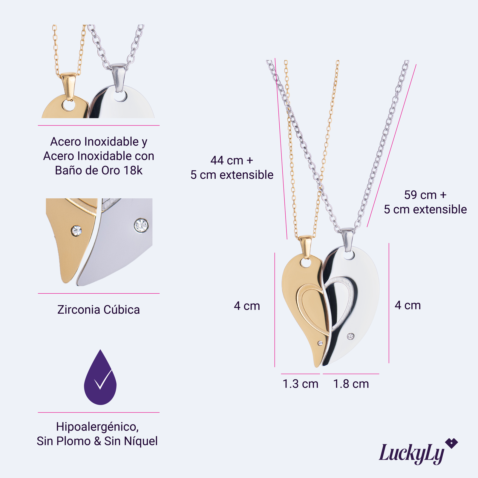 LuckyLy Collares para Parejas de Corazón de Acero Inoxidable y Zirconia Cúbica , Collar Hombre Plata, Collar Mujer Oro 18k - Modelo Amore