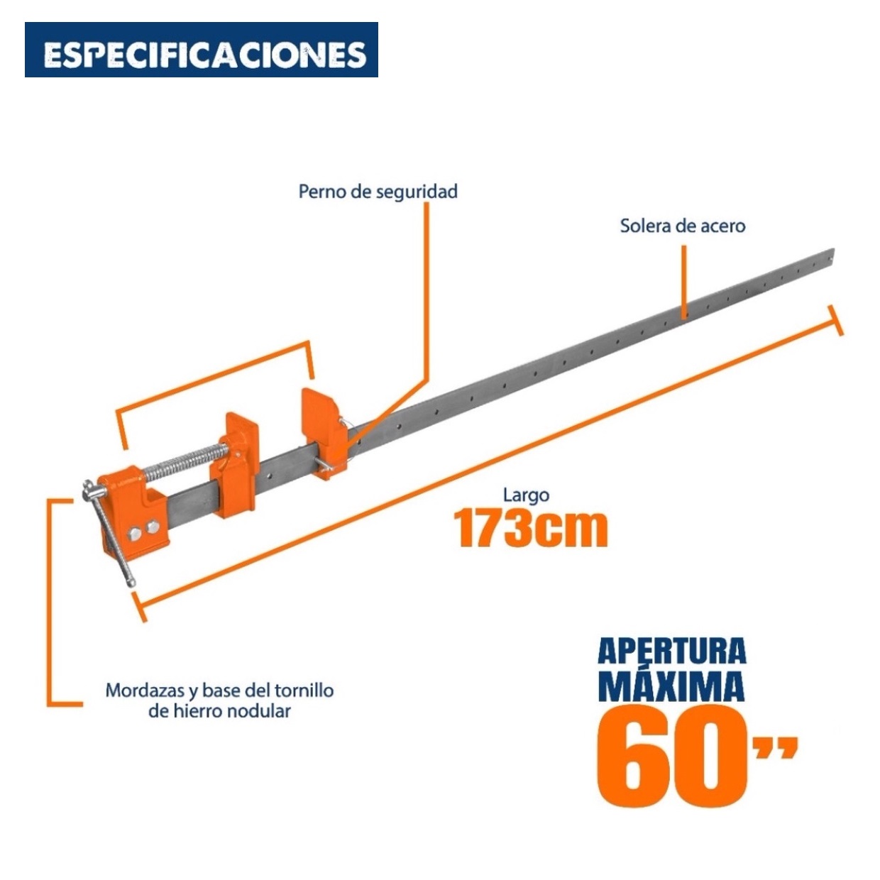Sargento de solera de acero largo 173 cm (68") apertura max.(60 ") Truper para construcción -carpintería 