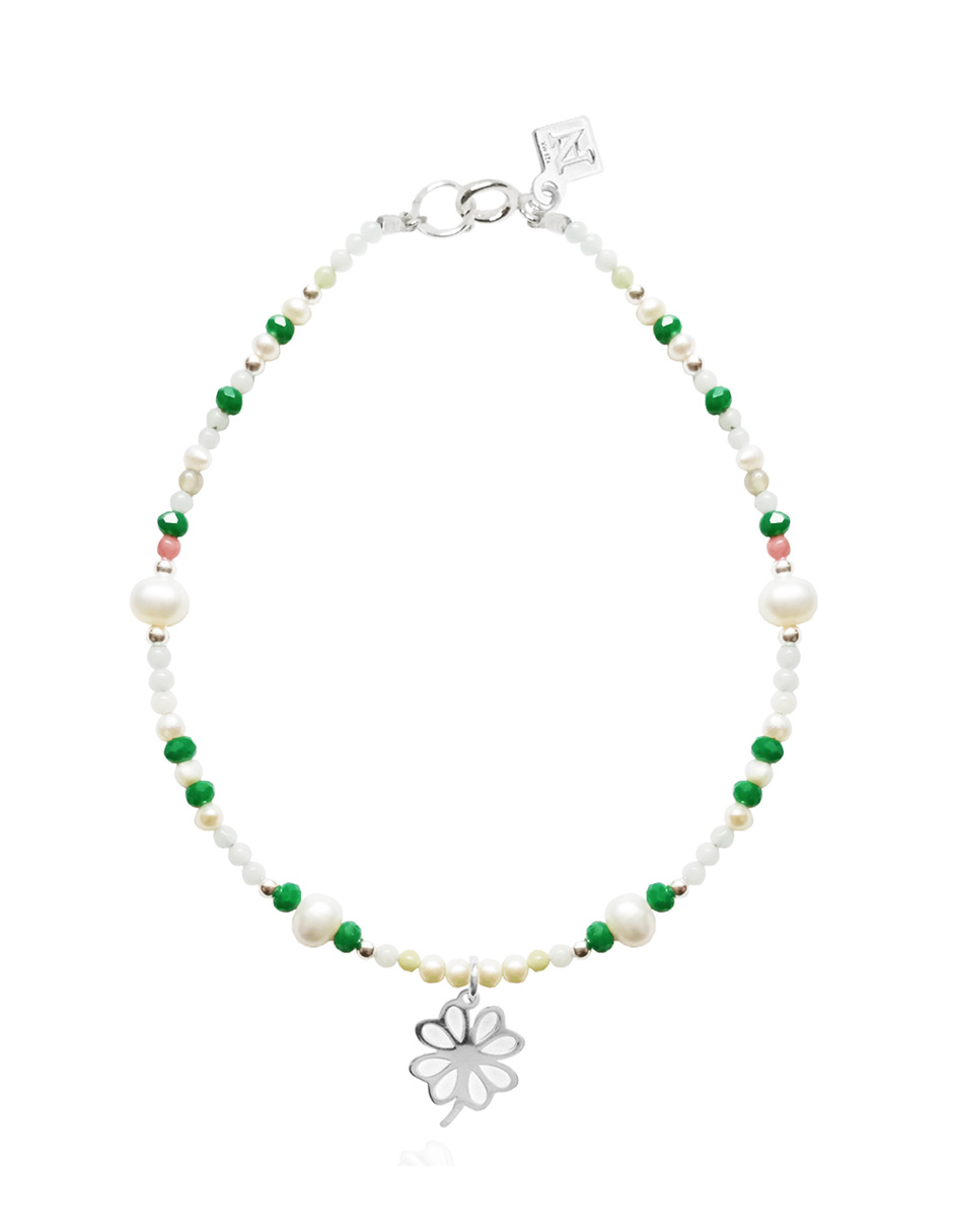 Pulsera de la Suerte Charm Trébol de Plata con Piedras Naturales y Perla Cultivada por Anante Joyería