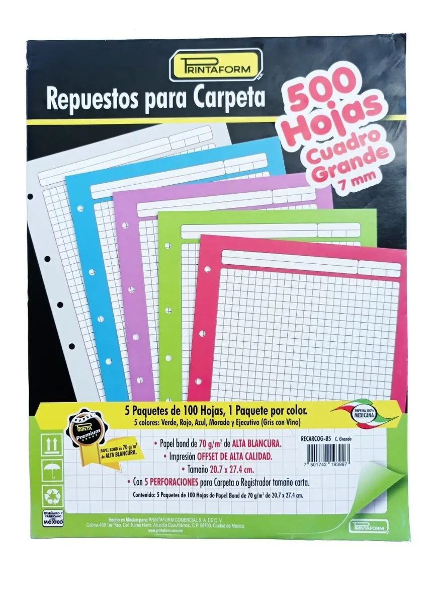 Repuesto Para Carpeta De 500 Hojas - 5 Colores Para Separar Materias - 100 Por Color C7 CUADRO GRANDE
